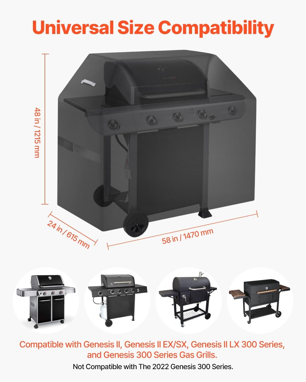 image:imageVEVOR Grill Cover 58 inch BBQ Covers for Outdoor Grills Waterproof Fade Resistant Weather Resistant Heavy Duty 600D Polyester Easy OnOff with HookandLoop Straps Black58inch