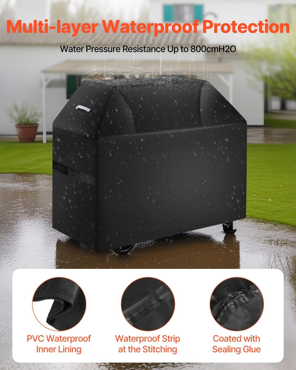 image:imageVEVOR Grill Cover 58 inch BBQ Covers for Outdoor Grills Waterproof Fade Resistant Weather Resistant Heavy Duty 600D Polyester Easy OnOff with HookandLoop Straps Black58inch