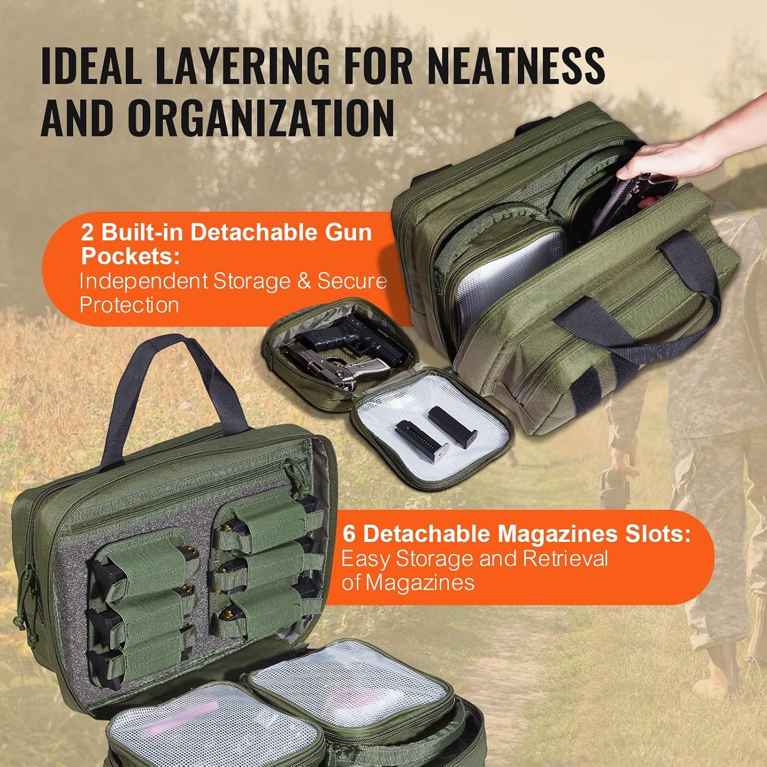 image:imageVEVOR Gun Bag with Detachable Baffles amp 6 Magazines Shooting Handgun Bag for Outdoor Hunting Shooting Pistol Bag Case 2 Removable Pistol Bags Brown 13 x 79 x 91 inGreen