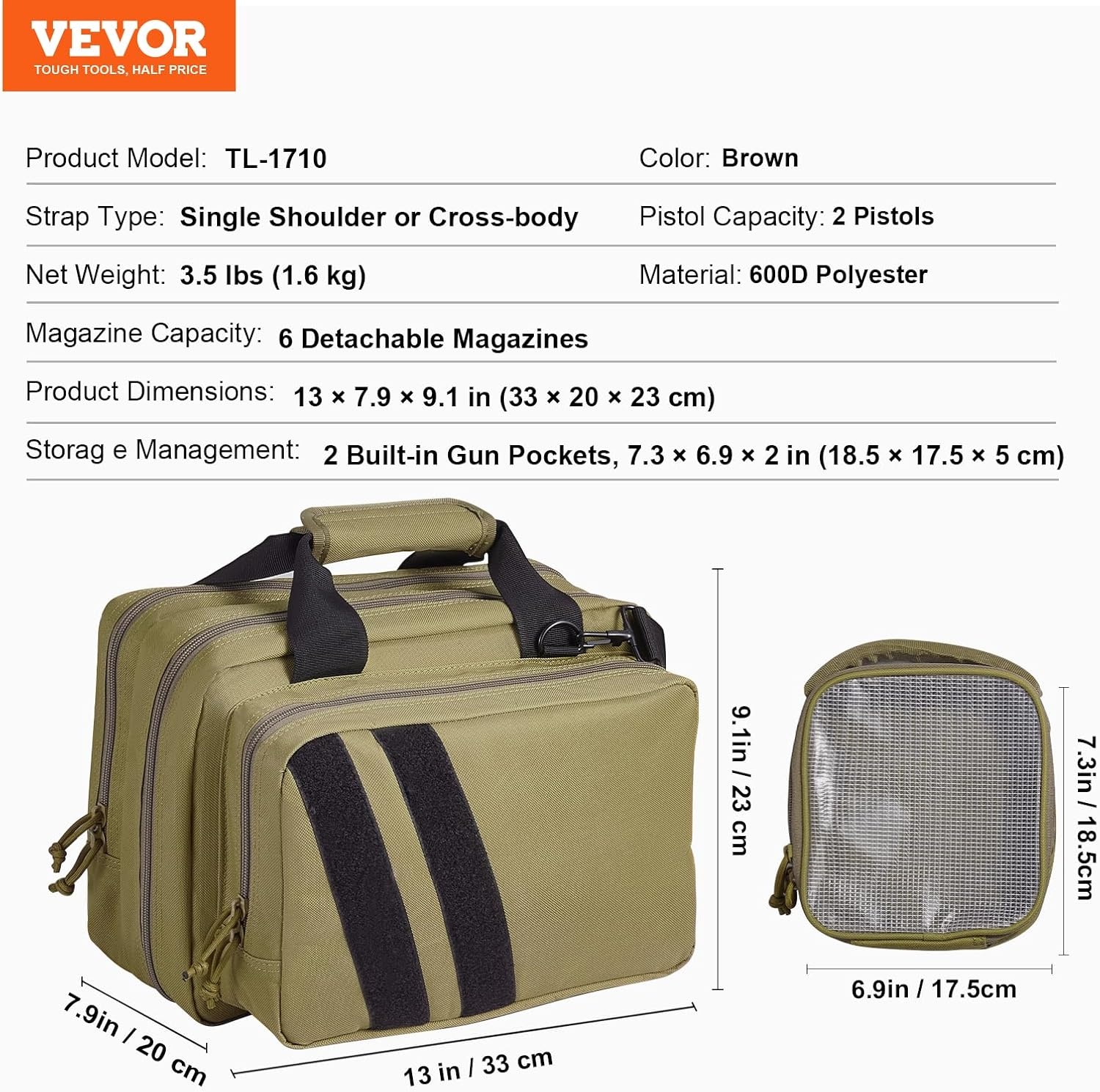 image:imageVEVOR Gun Bag with Detachable Baffles amp 6 Magazines Shooting Handgun Bag for Outdoor Hunting Shooting Pistol Bag Case 2 Removable Pistol Bags Brown 13 x 79 x 91 inBrown