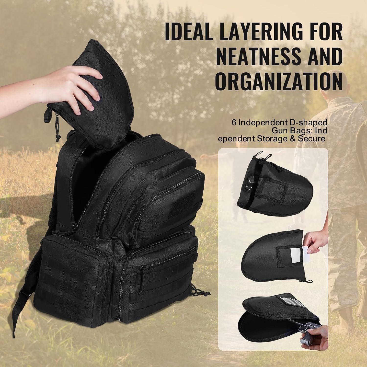 image:imageVEVOR Gun Bag with Detachable Baffles amp 6 Magazines Shooting Handgun Bag for Outdoor Hunting Shooting Pistol Bag Case 2 Removable Pistol Bags Brown 13 x 79 x 91 inBlack