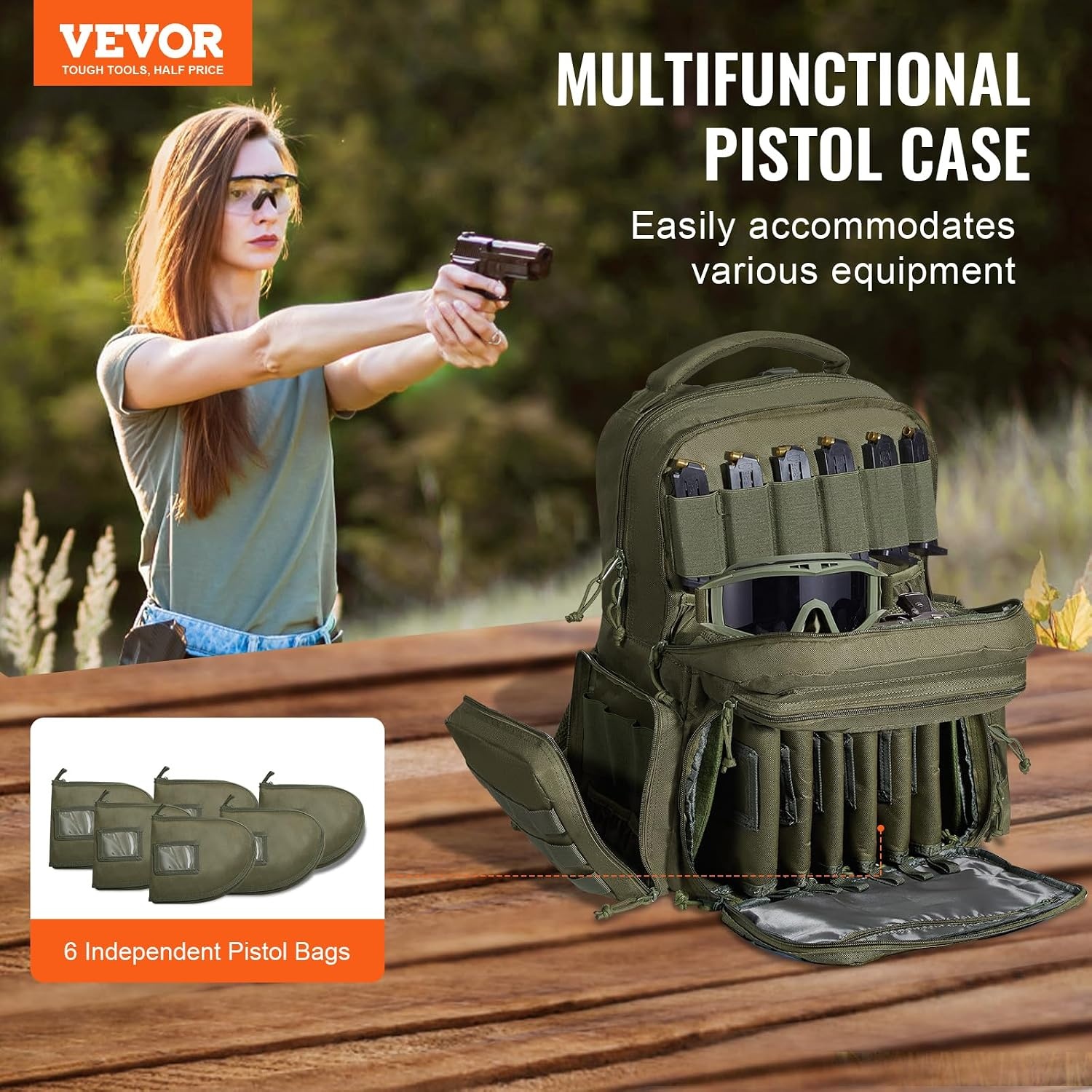 image:imageVEVOR Gun Bag with Detachable Baffles amp 6 Magazines Shooting Handgun Bag for Outdoor Hunting Shooting Pistol Bag Case 2 Removable Pistol Bags Brown 13 x 79 x 91 inGreen