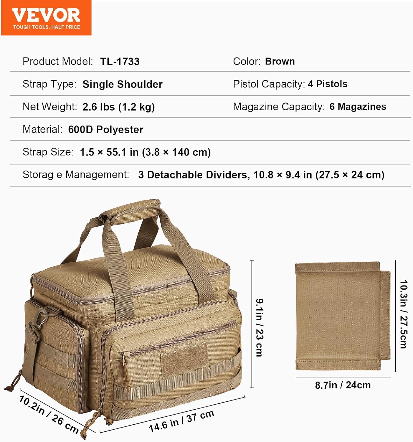 image:imageVEVOR Gun Bag with Detachable Baffles amp 6 Magazines Shooting Handgun Bag for Outdoor Hunting Shooting Pistol Bag Case 2 Removable Pistol Bags Brown 13 x 79 x 91 inBrown