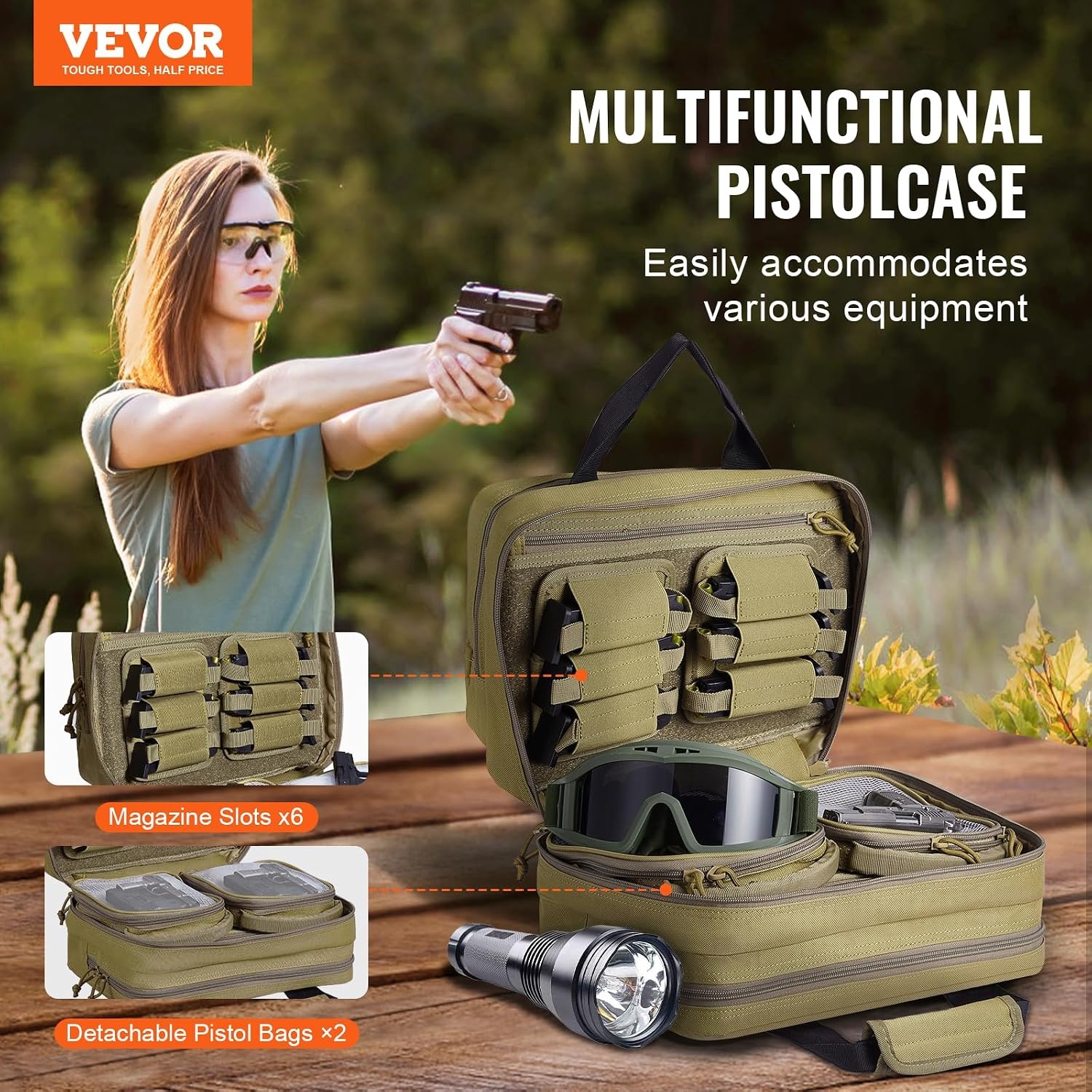 image:imageVEVOR Gun Bag with Detachable Baffles amp 6 Magazines Shooting Handgun Bag for Outdoor Hunting Shooting Pistol Bag Case 2 Removable Pistol Bags Brown 13 x 79 x 91 inBrown