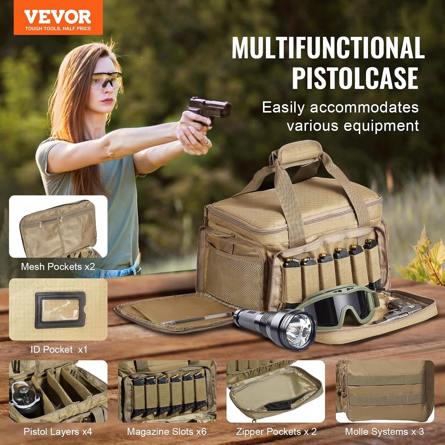 image:imageVEVOR Gun Bag with Detachable Baffles amp 6 Magazines Shooting Handgun Bag for Outdoor Hunting Shooting Pistol Bag Case 2 Removable Pistol Bags Brown 13 x 79 x 91 inBrown
