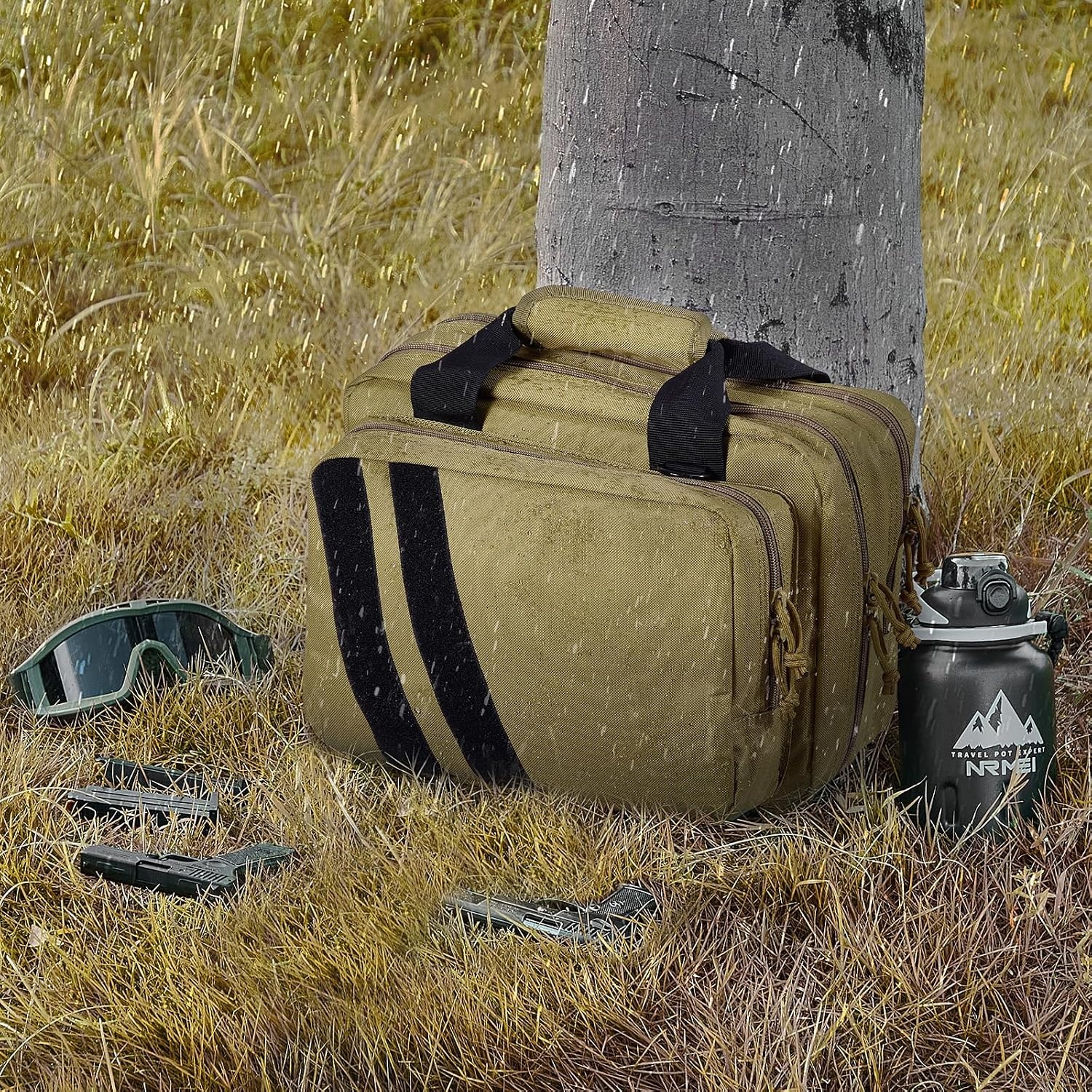 image:imageVEVOR Gun Bag with Detachable Baffles amp 6 Magazines Shooting Handgun Bag for Outdoor Hunting Shooting Pistol Bag Case 2 Removable Pistol Bags Brown 13 x 79 x 91 inBrown