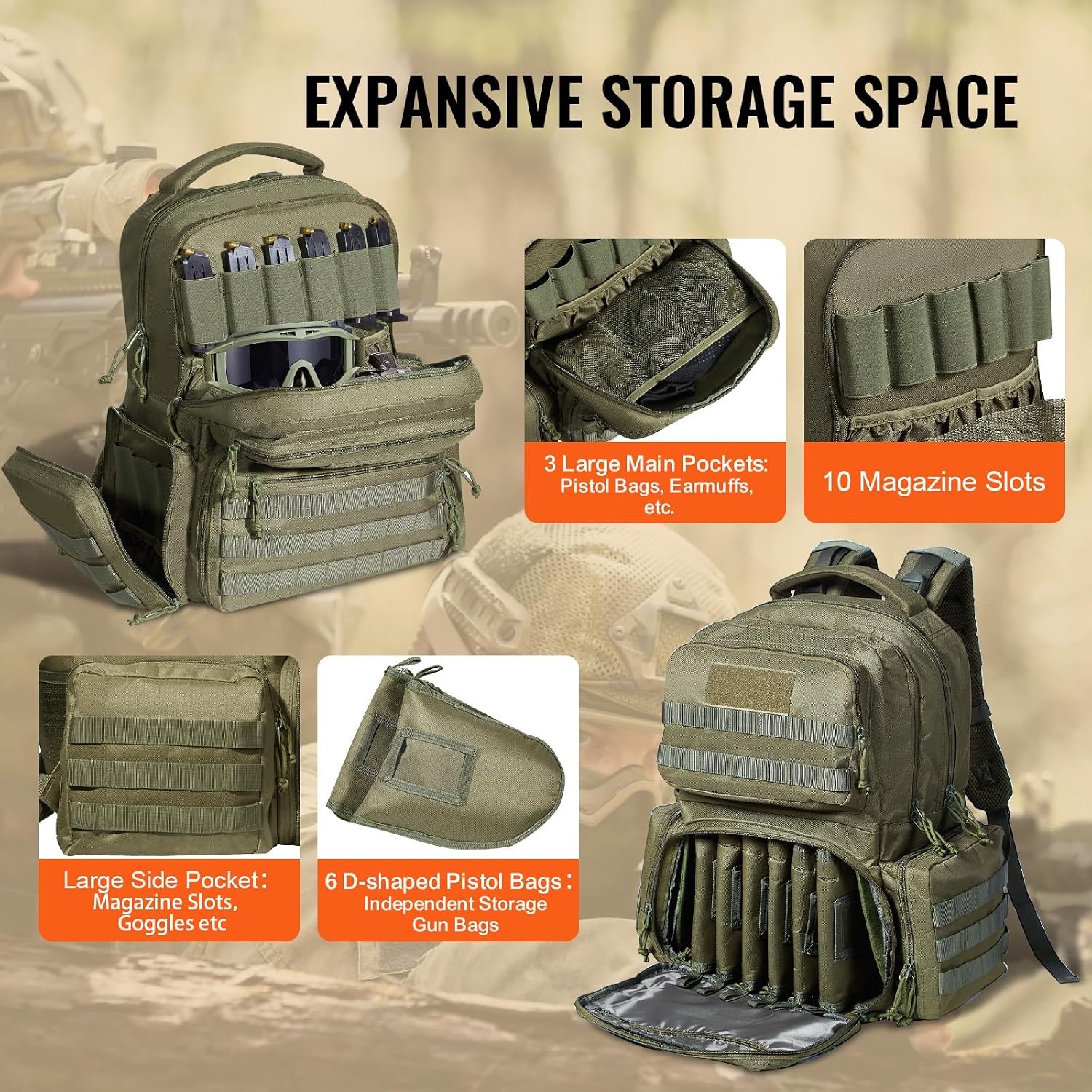 image:imageVEVOR Gun Bag with Detachable Baffles amp 6 Magazines Shooting Handgun Bag for Outdoor Hunting Shooting Pistol Bag Case 2 Removable Pistol Bags Brown 13 x 79 x 91 inGreen