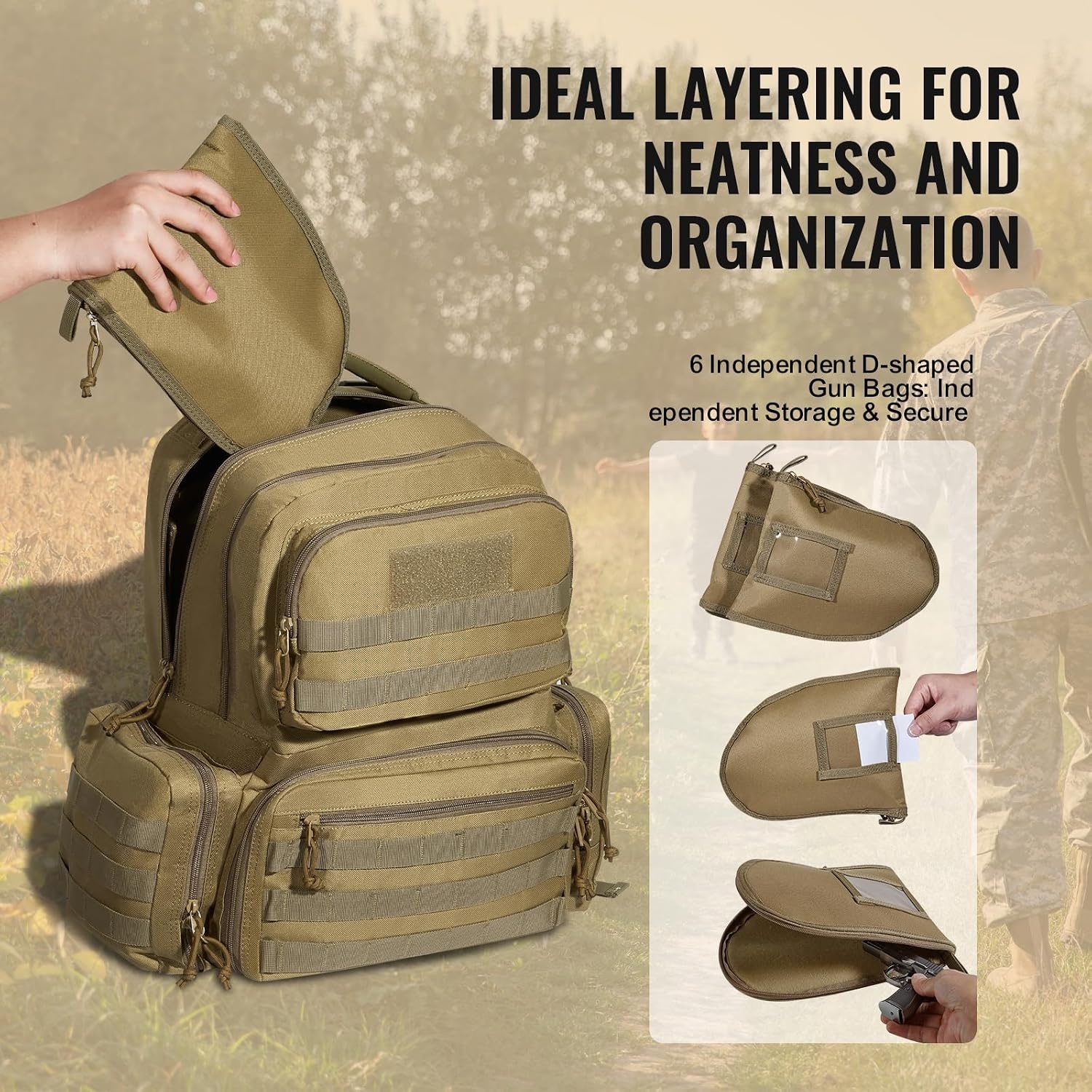 image:imageVEVOR Gun Bag with Detachable Baffles amp 6 Magazines Shooting Handgun Bag for Outdoor Hunting Shooting Pistol Bag Case 2 Removable Pistol Bags Brown 13 x 79 x 91 inBrown