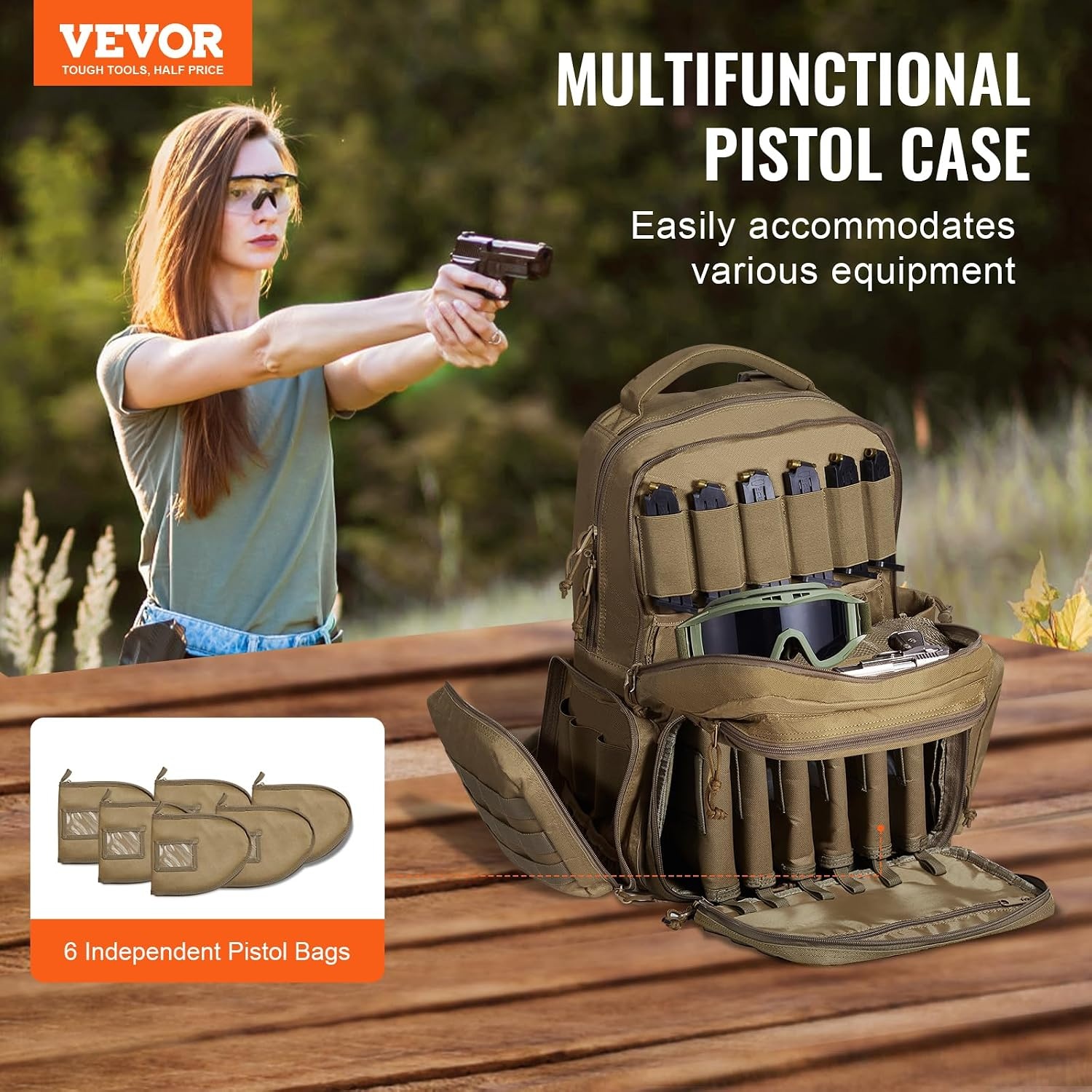 image:imageVEVOR Gun Bag with Detachable Baffles amp 6 Magazines Shooting Handgun Bag for Outdoor Hunting Shooting Pistol Bag Case 2 Removable Pistol Bags Brown 13 x 79 x 91 inBrown