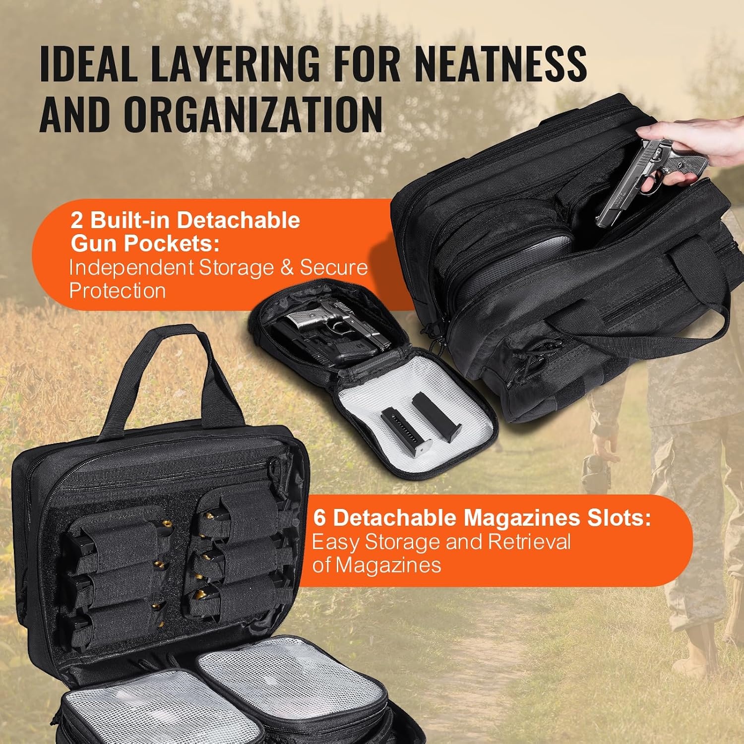 image:imageVEVOR Gun Bag with Detachable Baffles amp 6 Magazines Shooting Handgun Bag for Outdoor Hunting Shooting Pistol Bag Case 2 Removable Pistol Bags Brown 13 x 79 x 91 inBlack
