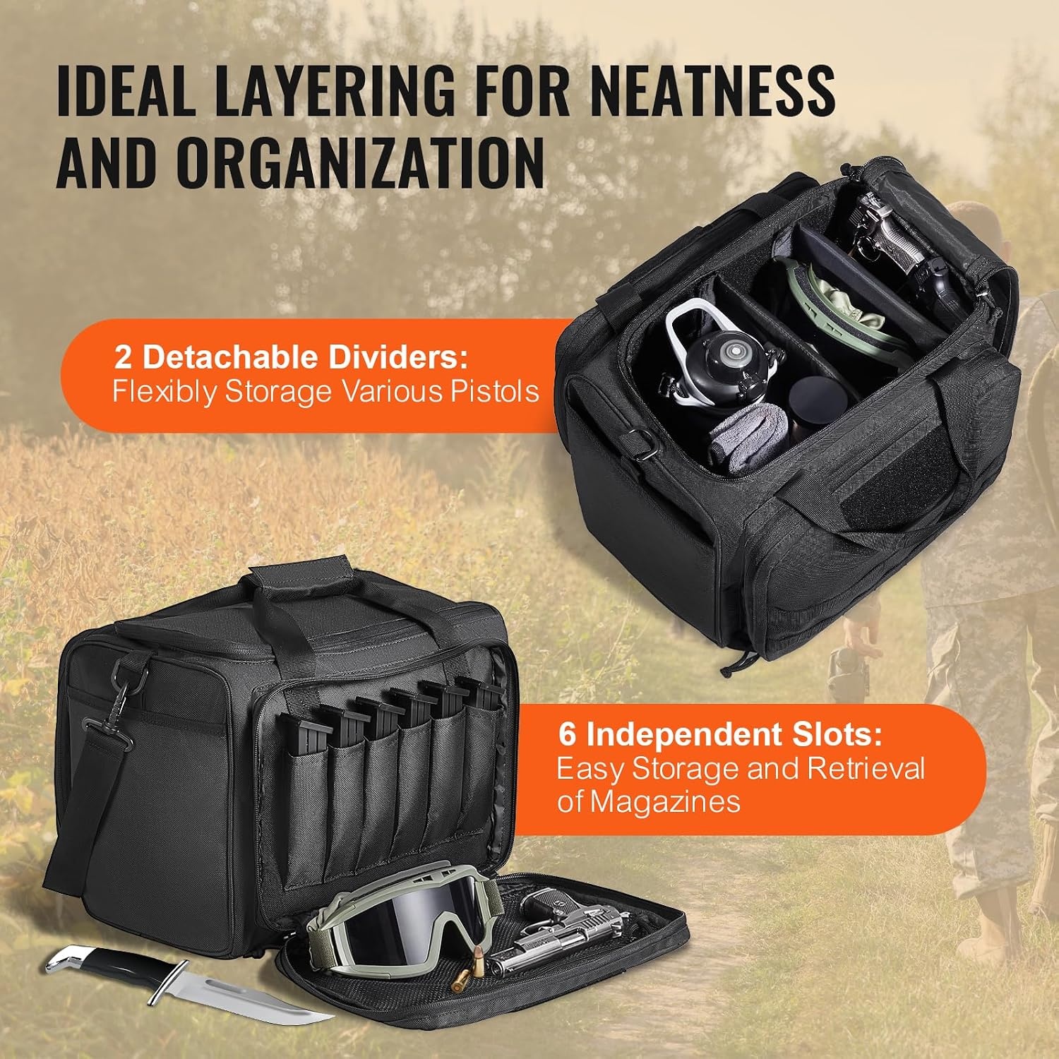 image:imageVEVOR Gun Bag with Detachable Baffles amp 6 Magazines Shooting Handgun Bag for Outdoor Hunting Shooting Pistol Bag Case 2 Removable Pistol Bags Brown 13 x 79 x 91 inBlack