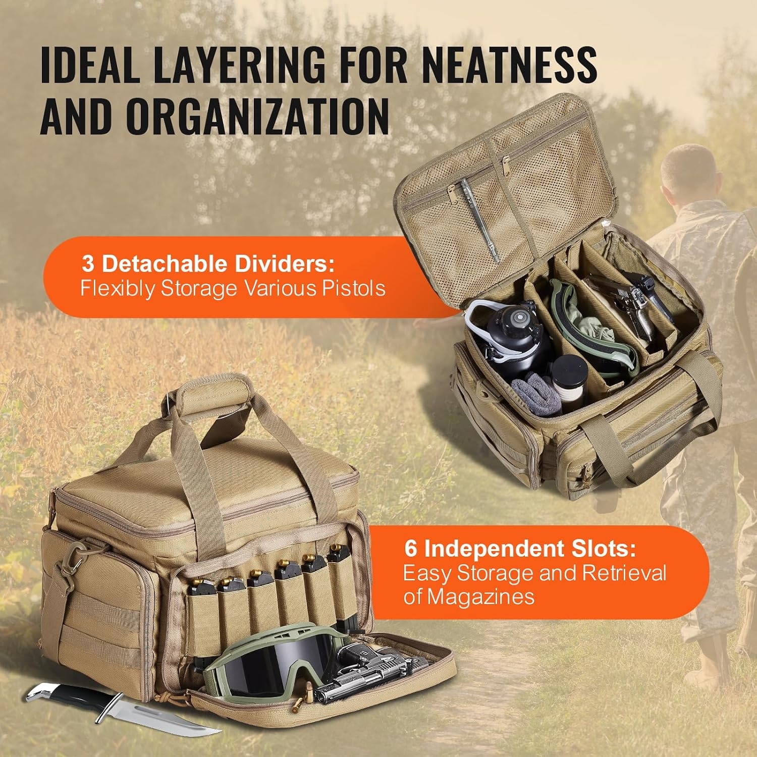 image:imageVEVOR Gun Bag with Detachable Baffles amp 6 Magazines Shooting Handgun Bag for Outdoor Hunting Shooting Pistol Bag Case 2 Removable Pistol Bags Brown 13 x 79 x 91 inBrown