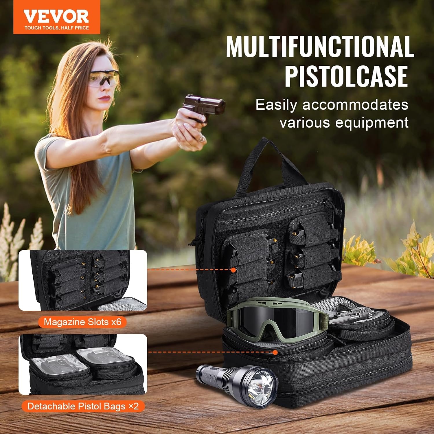 image:imageVEVOR Gun Bag with Detachable Baffles amp 6 Magazines Shooting Handgun Bag for Outdoor Hunting Shooting Pistol Bag Case 2 Removable Pistol Bags Brown 13 x 79 x 91 inBlack