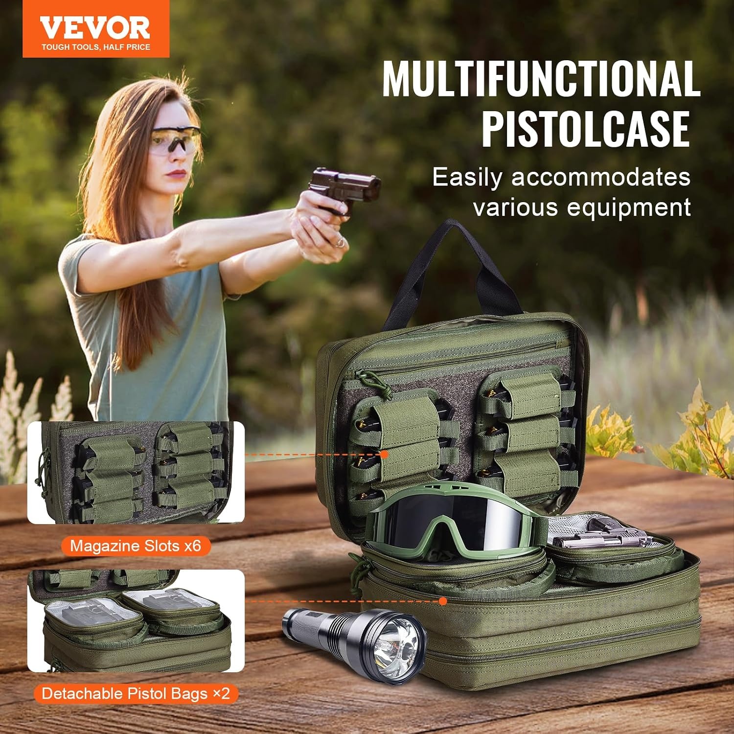 image:imageVEVOR Gun Bag with Detachable Baffles amp 6 Magazines Shooting Handgun Bag for Outdoor Hunting Shooting Pistol Bag Case 2 Removable Pistol Bags Brown 13 x 79 x 91 inGreen