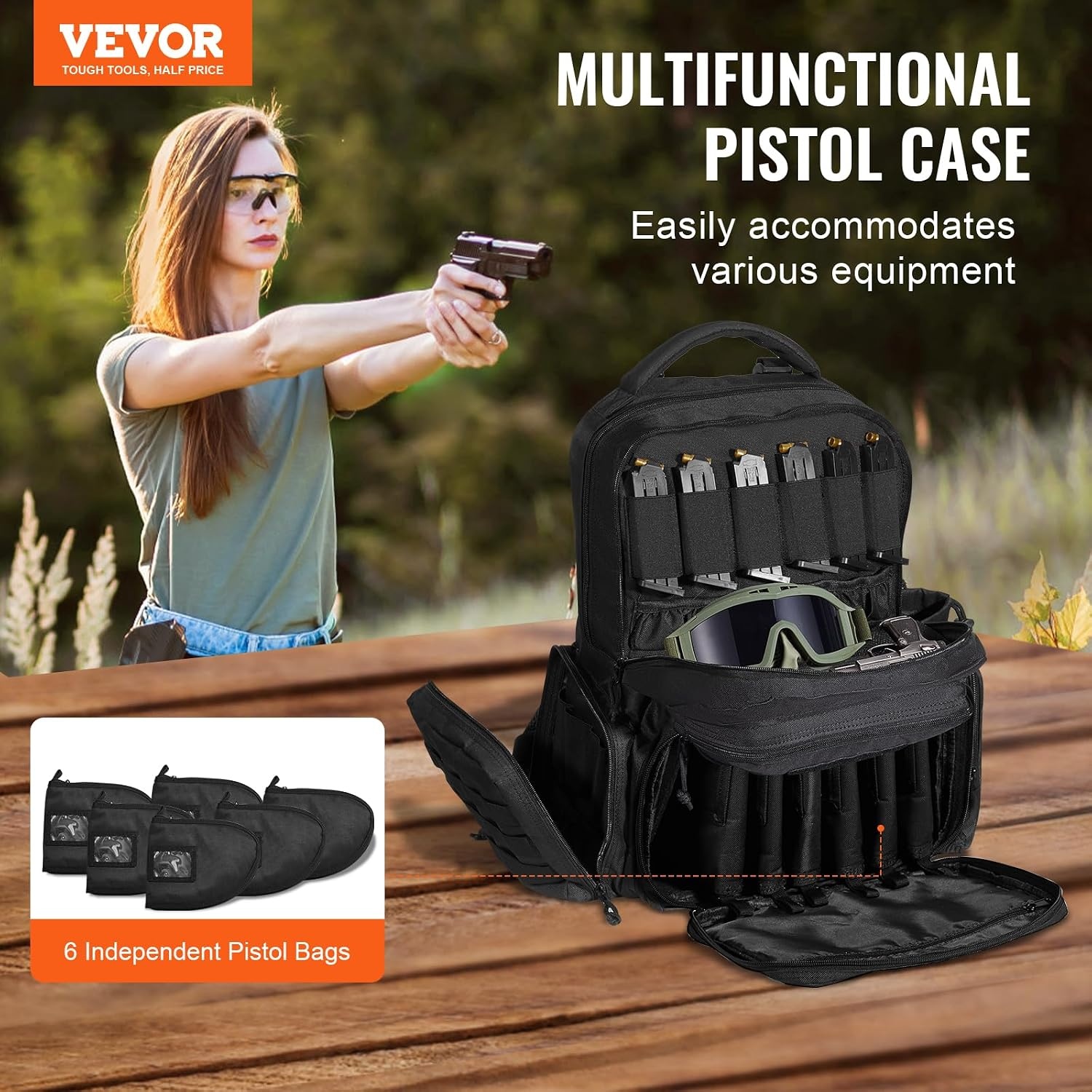 image:imageVEVOR Gun Bag with Detachable Baffles amp 6 Magazines Shooting Handgun Bag for Outdoor Hunting Shooting Pistol Bag Case 2 Removable Pistol Bags Brown 13 x 79 x 91 inBlack