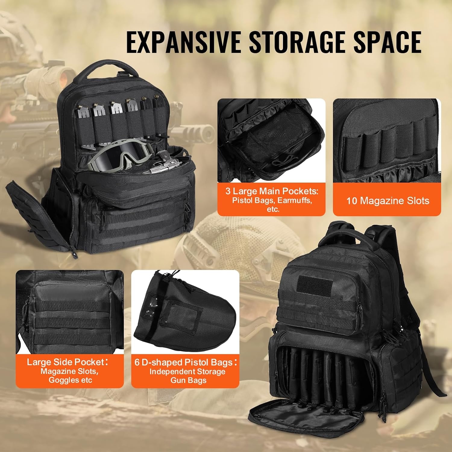 image:imageVEVOR Gun Bag with Detachable Baffles amp 6 Magazines Shooting Handgun Bag for Outdoor Hunting Shooting Pistol Bag Case 2 Removable Pistol Bags Brown 13 x 79 x 91 inBlack