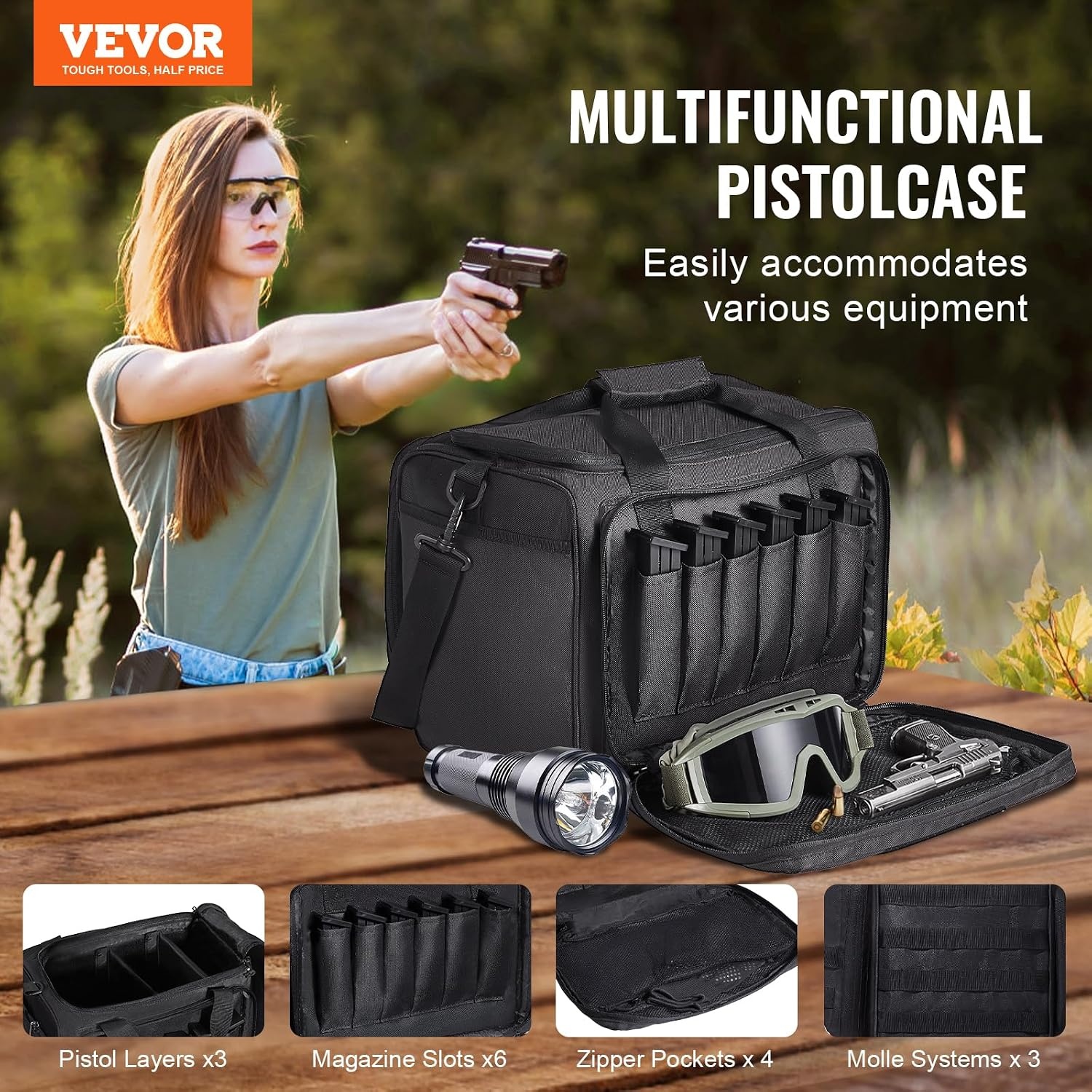 image:imageVEVOR Gun Bag with Detachable Baffles amp 6 Magazines Shooting Handgun Bag for Outdoor Hunting Shooting Pistol Bag Case 2 Removable Pistol Bags Brown 13 x 79 x 91 inBlack