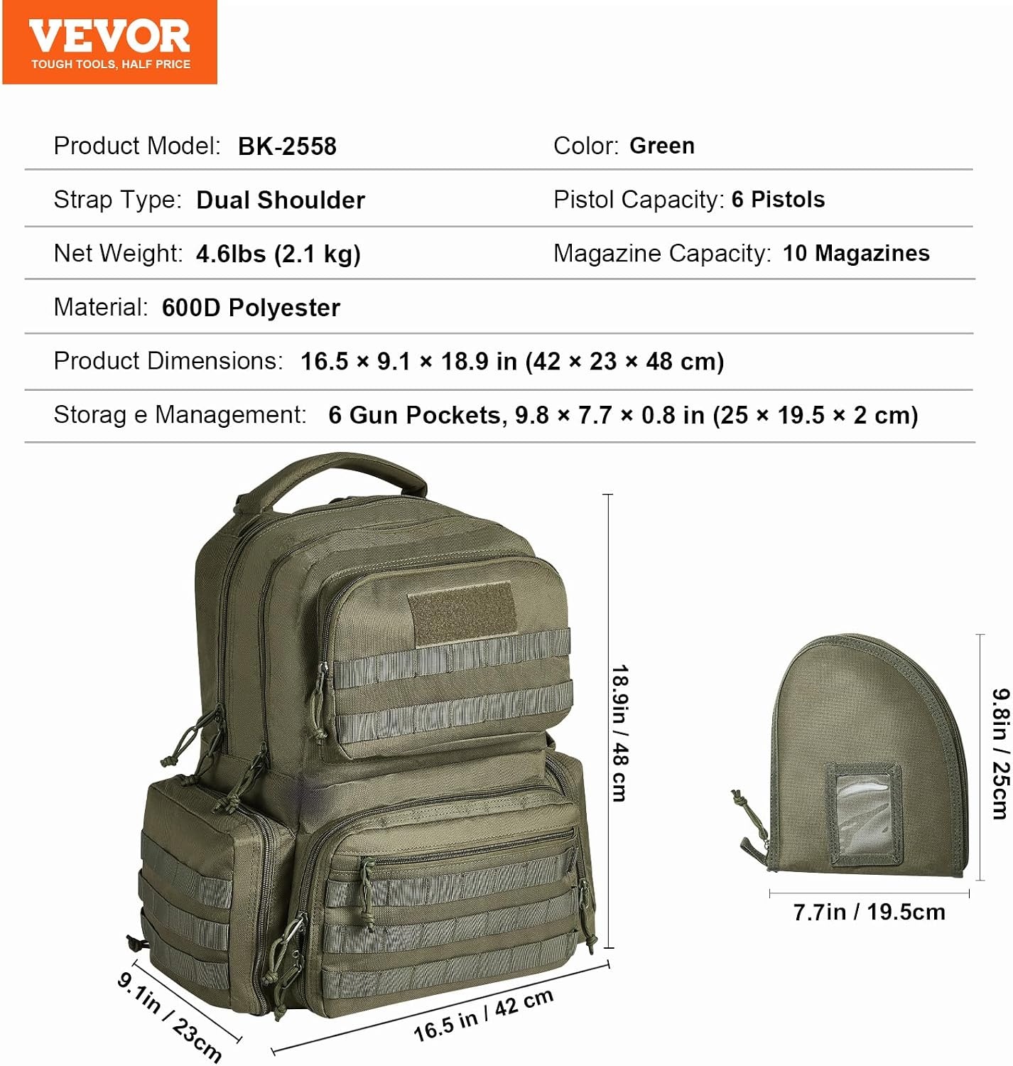 image:imageVEVOR Gun Bag with Detachable Baffles amp 6 Magazines Shooting Handgun Bag for Outdoor Hunting Shooting Pistol Bag Case 2 Removable Pistol Bags Brown 13 x 79 x 91 inGreen