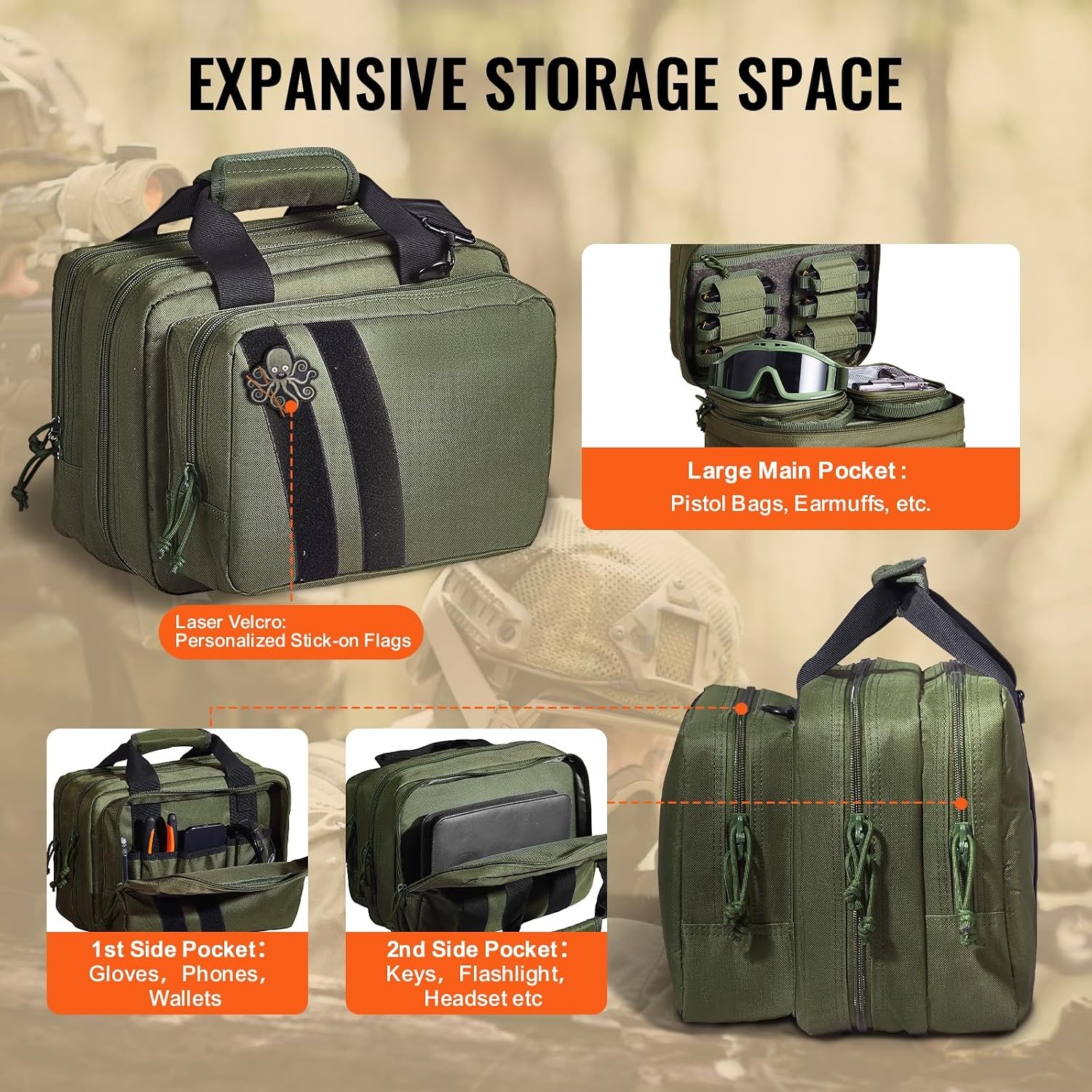 image:imageVEVOR Gun Bag with Detachable Baffles amp 6 Magazines Shooting Handgun Bag for Outdoor Hunting Shooting Pistol Bag Case 2 Removable Pistol Bags Brown 13 x 79 x 91 inGreen