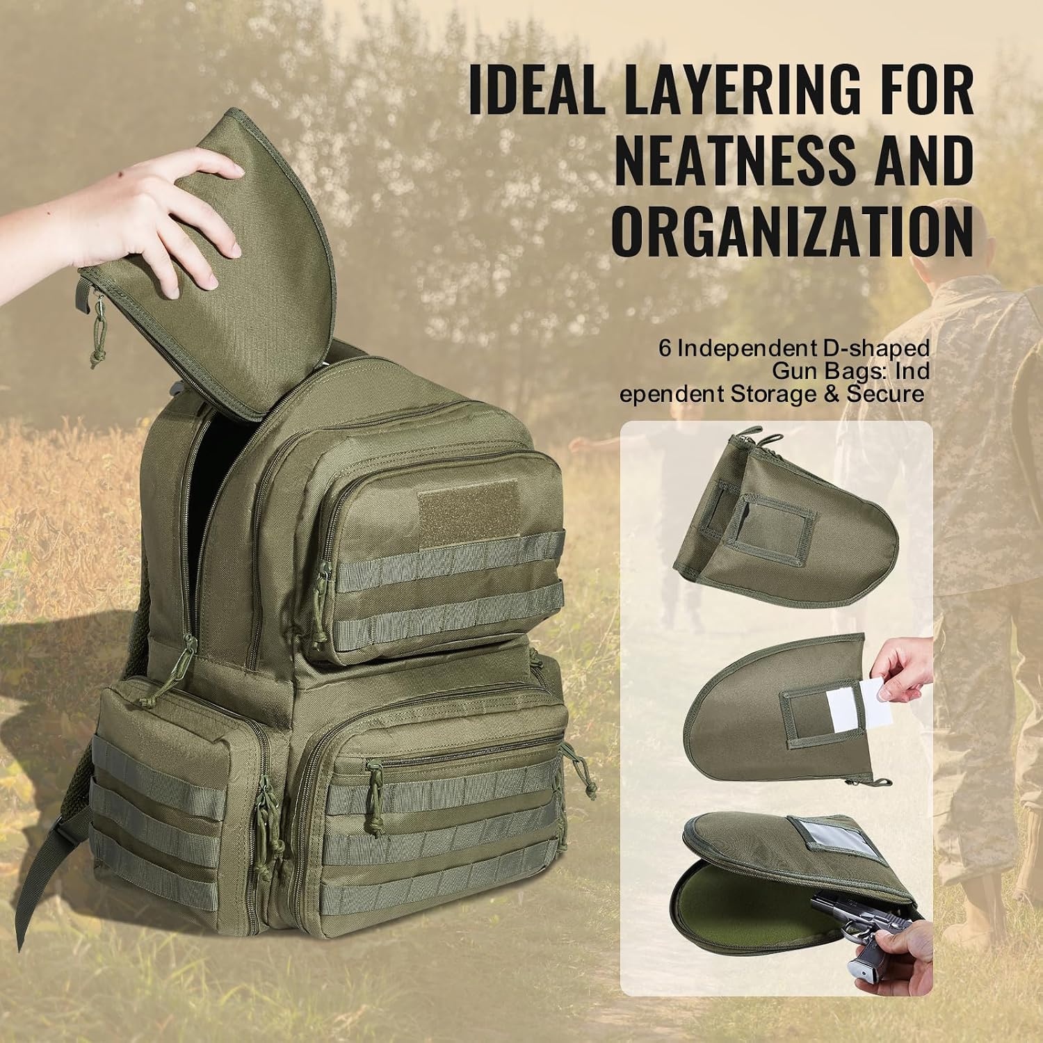 image:imageVEVOR Gun Bag with Detachable Baffles amp 6 Magazines Shooting Handgun Bag for Outdoor Hunting Shooting Pistol Bag Case 2 Removable Pistol Bags Brown 13 x 79 x 91 inGreen