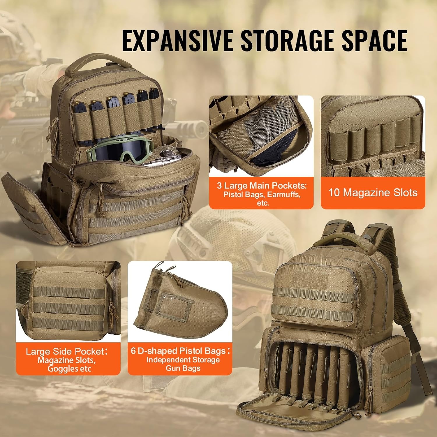 image:imageVEVOR Gun Bag with Detachable Baffles amp 6 Magazines Shooting Handgun Bag for Outdoor Hunting Shooting Pistol Bag Case 2 Removable Pistol Bags Brown 13 x 79 x 91 inBrown