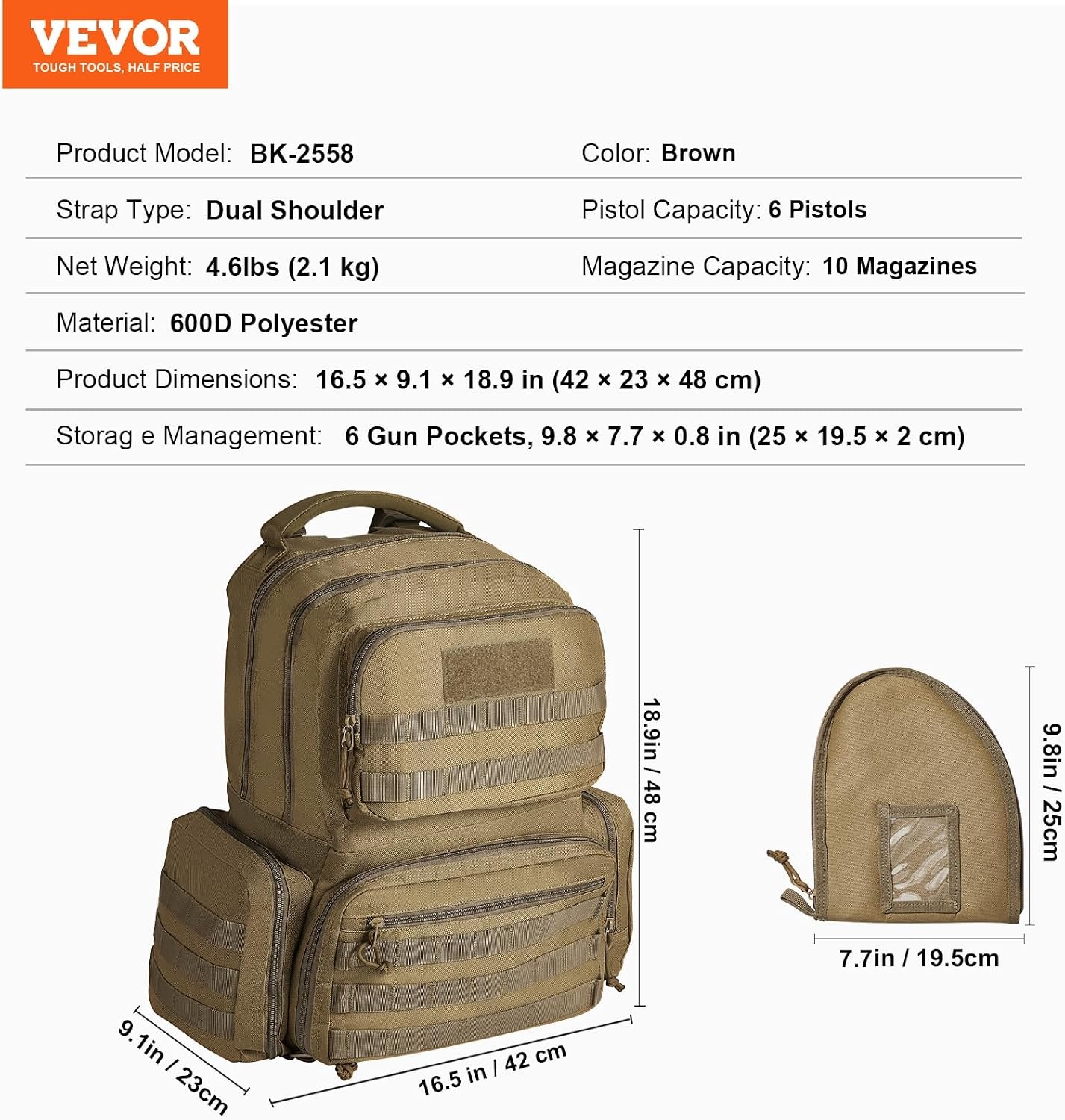 image:imageVEVOR Gun Bag with Detachable Baffles amp 6 Magazines Shooting Handgun Bag for Outdoor Hunting Shooting Pistol Bag Case 2 Removable Pistol Bags Brown 13 x 79 x 91 inBrown