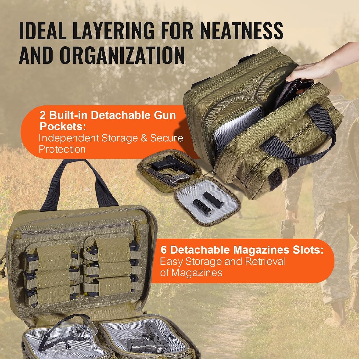 image:imageVEVOR Gun Bag with Detachable Baffles amp 6 Magazines Shooting Handgun Bag for Outdoor Hunting Shooting Pistol Bag Case 2 Removable Pistol Bags Brown 13 x 79 x 91 inBrown