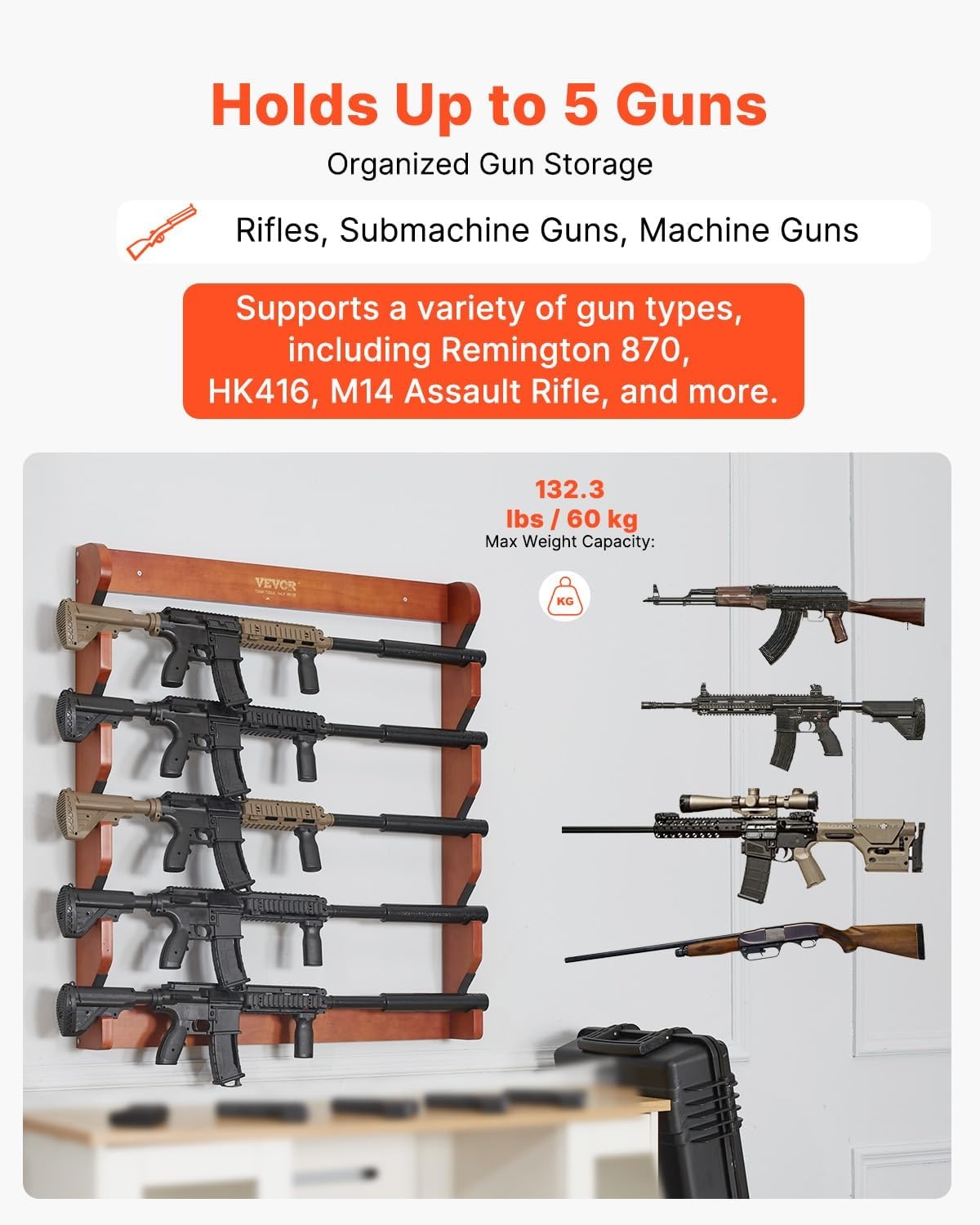 image:imageVEVOR Gun Rack 5Slot Wall Mounted Wooden Gun Rack Heavy Duty Gun Display Rack Holds 5 Shotguns and Rifles Wall Storage Display Rifle Rack with Soft Padding 132 lbs Capacity