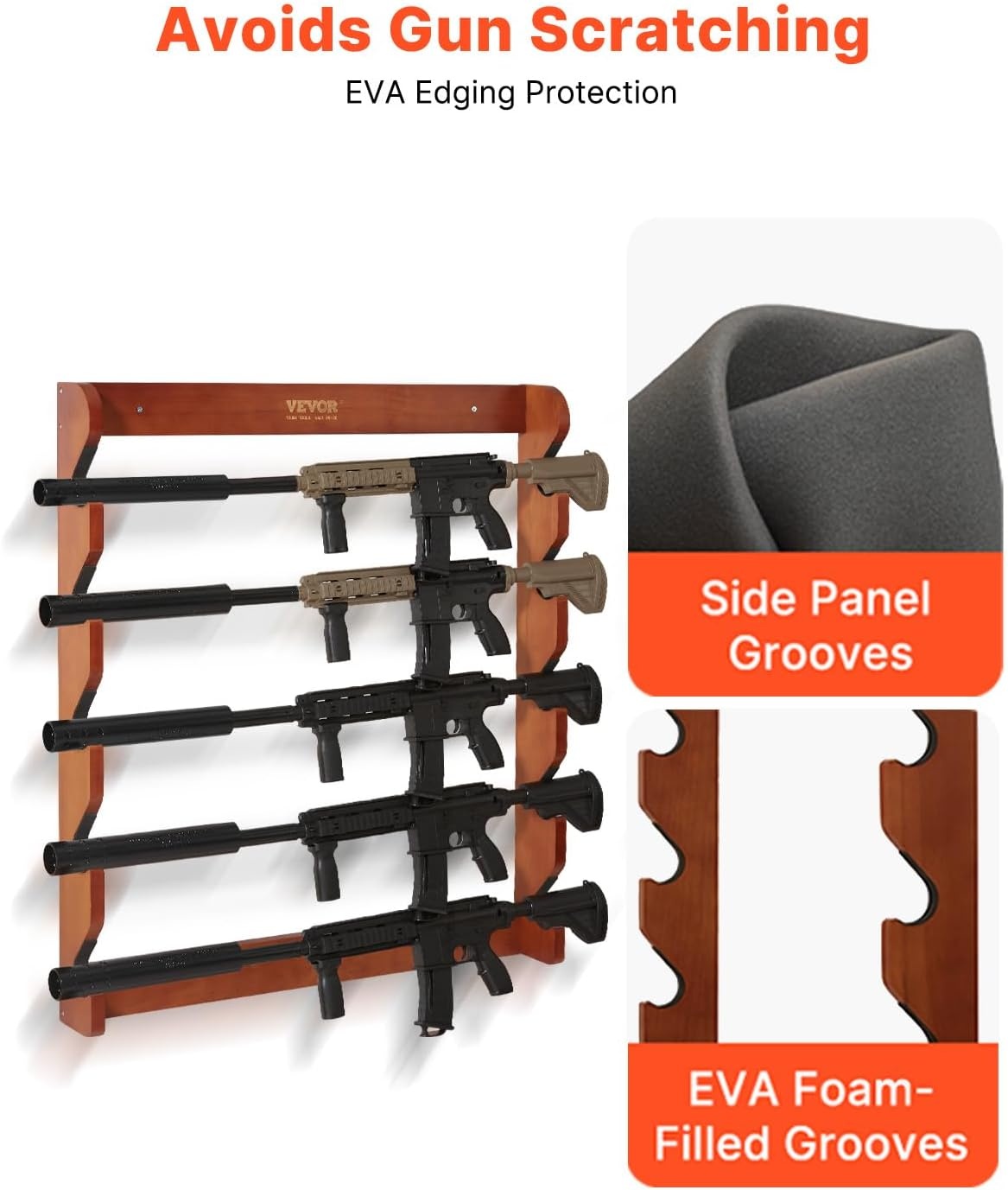 image:imageVEVOR Gun Rack 5Slot Wall Mounted Wooden Gun Rack Heavy Duty Gun Display Rack Holds 5 Shotguns and Rifles Wall Storage Display Rifle Rack with Soft Padding 132 lbs Capacity