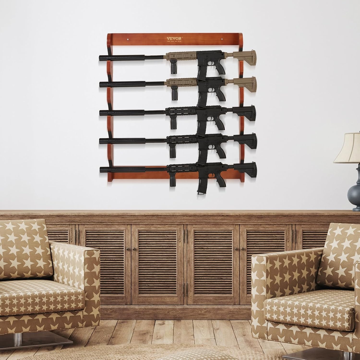 image:imageVEVOR Gun Rack 5Slot Wall Mounted Wooden Gun Rack Heavy Duty Gun Display Rack Holds 5 Shotguns and Rifles Wall Storage Display Rifle Rack with Soft Padding 132 lbs Capacity