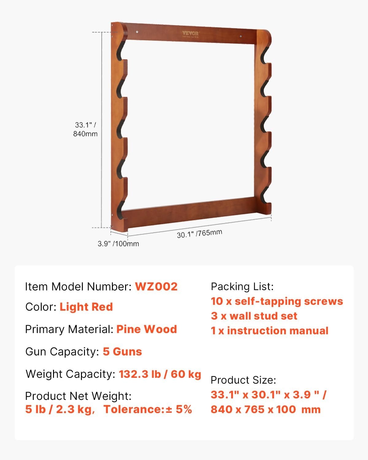 image:imageVEVOR Gun Rack 5Slot Wall Mounted Wooden Gun Rack Heavy Duty Gun Display Rack Holds 5 Shotguns and Rifles Wall Storage Display Rifle Rack with Soft Padding 132 lbs Capacity