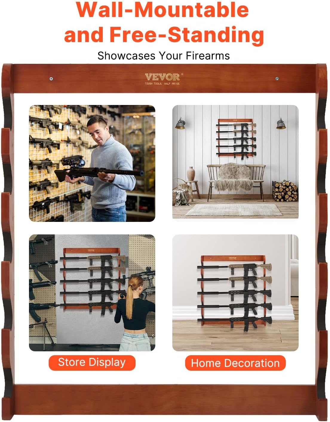 image:imageVEVOR Gun Rack 5Slot Wall Mounted Wooden Gun Rack Heavy Duty Gun Display Rack Holds 5 Shotguns and Rifles Wall Storage Display Rifle Rack with Soft Padding 132 lbs Capacity