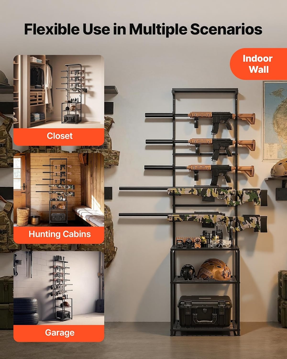 image:imageVEVOR Gun Rack Floor Standing Indoor Rifle Shotgun Rack Stand with Storage Shelf for Wall Mount Gun Display Stand Holds up to 5 Rifles Heavy Duty Steel for Home Garage Hunting Long Guns Storage