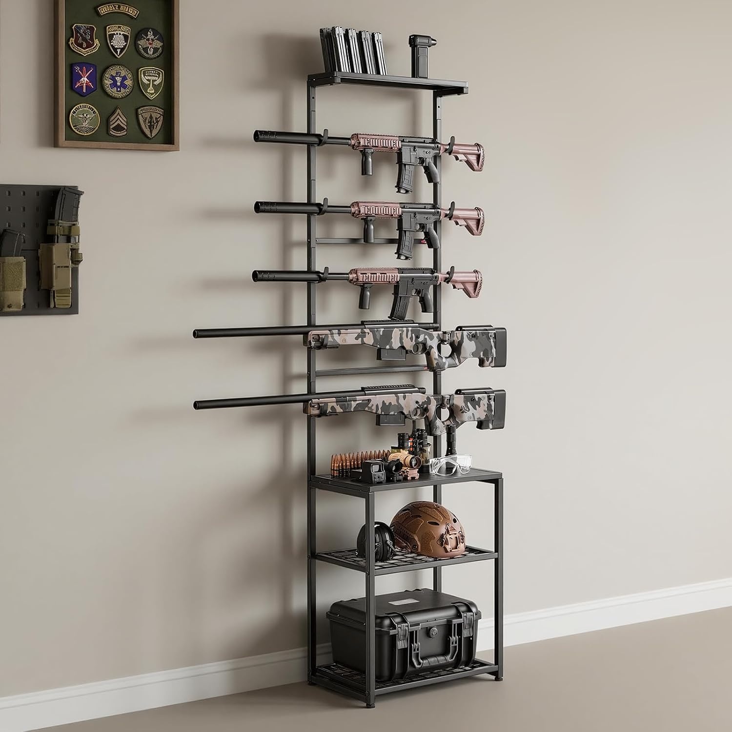 image:imageVEVOR Gun Rack Floor Standing Indoor Rifle Shotgun Rack Stand with Storage Shelf for Wall Mount Gun Display Stand Holds up to 5 Rifles Heavy Duty Steel for Home Garage Hunting Long Guns Storage