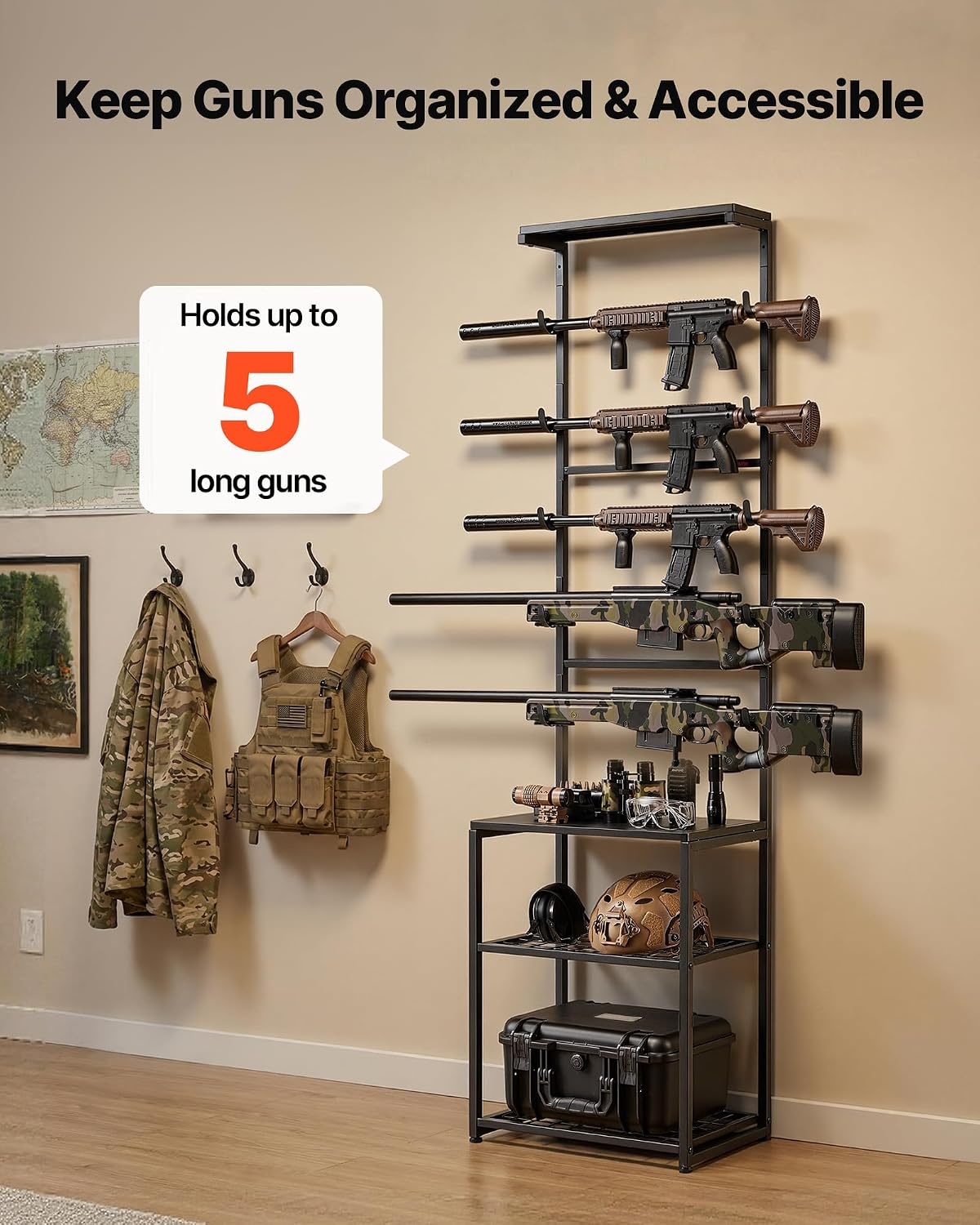 image:imageVEVOR Gun Rack Floor Standing Indoor Rifle Shotgun Rack Stand with Storage Shelf for Wall Mount Gun Display Stand Holds up to 5 Rifles Heavy Duty Steel for Home Garage Hunting Long Guns Storage