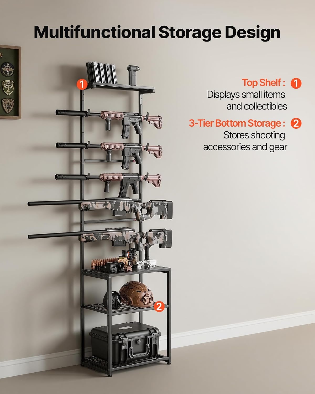image:imageVEVOR Gun Rack Floor Standing Indoor Rifle Shotgun Rack Stand with Storage Shelf for Wall Mount Gun Display Stand Holds up to 5 Rifles Heavy Duty Steel for Home Garage Hunting Long Guns Storage