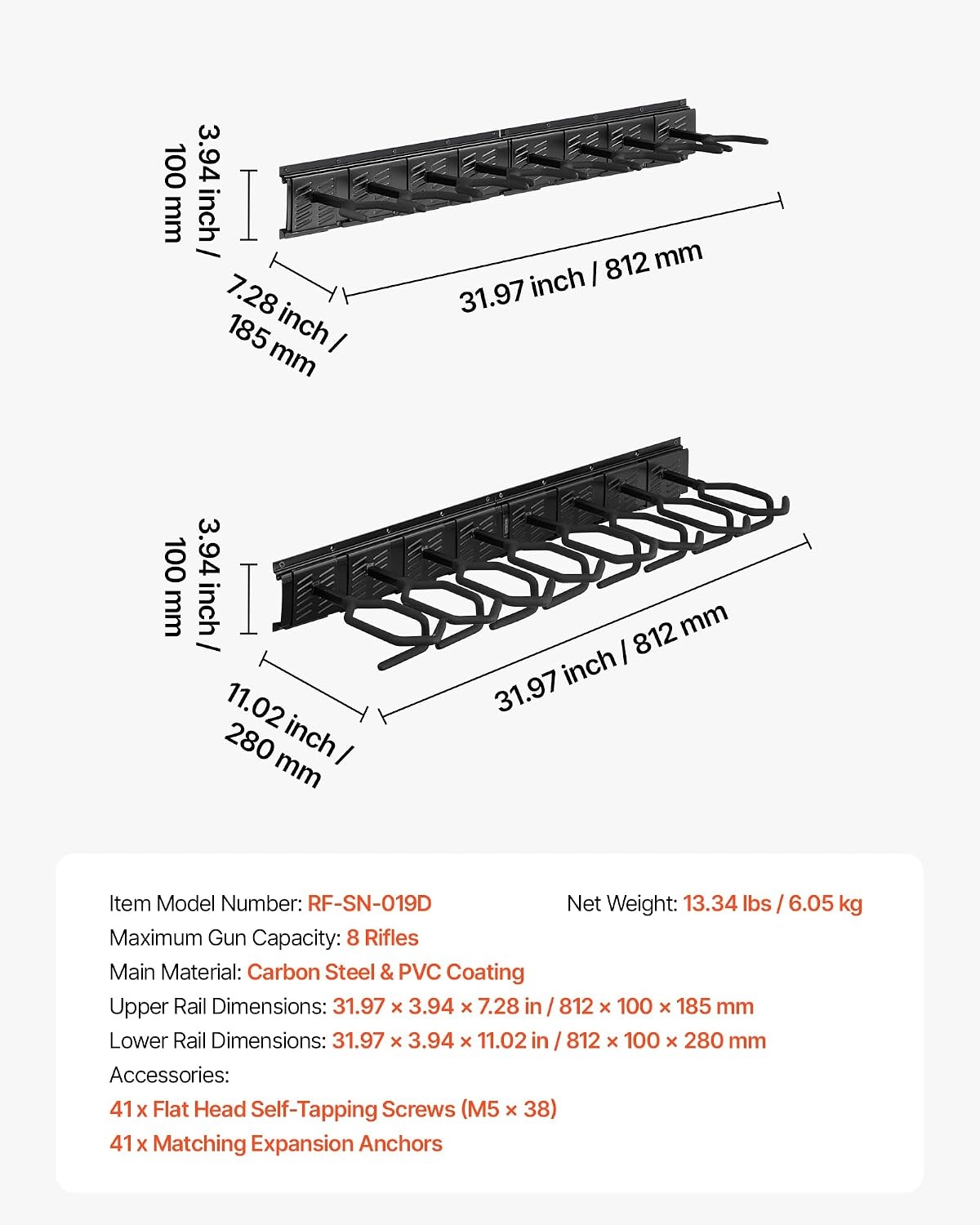image:imageVEVOR Gun Rack Indoor Gun Rack Wall Mount 8Slot Vertical Rifle Shotgun 180 lb Heavy Duty Metal Wall Gun Rack Display Stand with Soft Padding