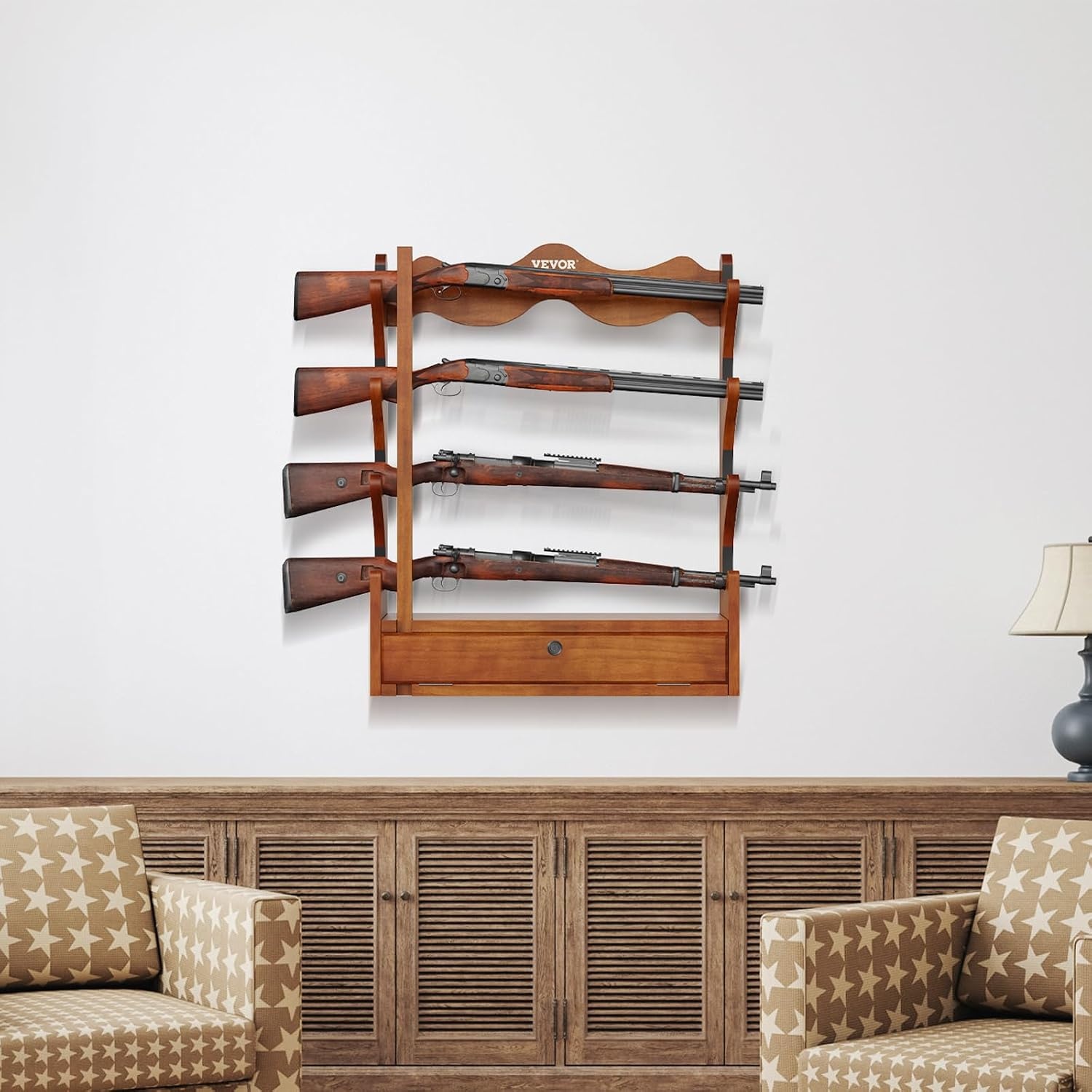 image:imageVEVOR Gun Rack Wood Gun Rack Wall Mount Gun Display Rack Holds 4 Rifles Shotguns 132 lb Heavy Duty Wall Storage Display Rifle Rack with Soft Padding