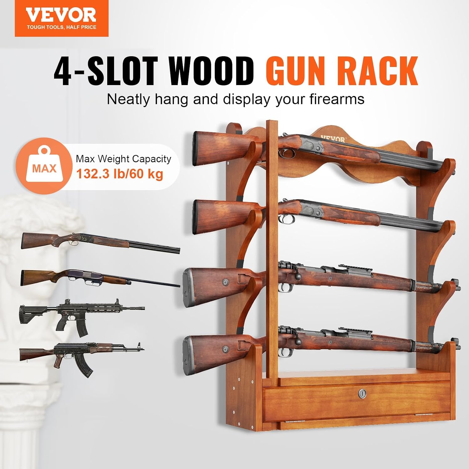 image:imageVEVOR Gun Rack Wood Gun Rack Wall Mount Gun Display Rack Holds 4 Rifles Shotguns 132 lb Heavy Duty Wall Storage Display Rifle Rack with Soft Padding