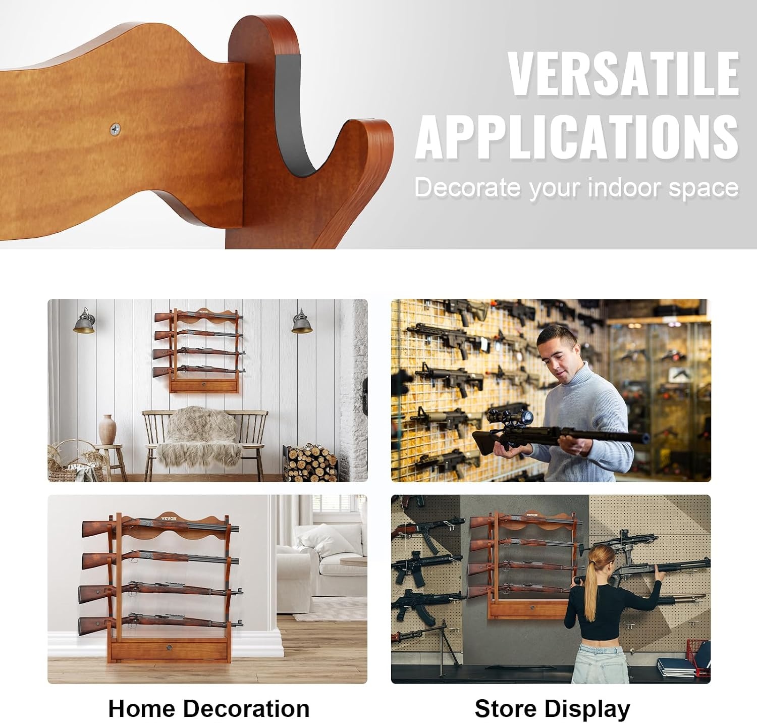 image:imageVEVOR Gun Rack Wood Gun Rack Wall Mount Gun Display Rack Holds 4 Rifles Shotguns 132 lb Heavy Duty Wall Storage Display Rifle Rack with Soft Padding