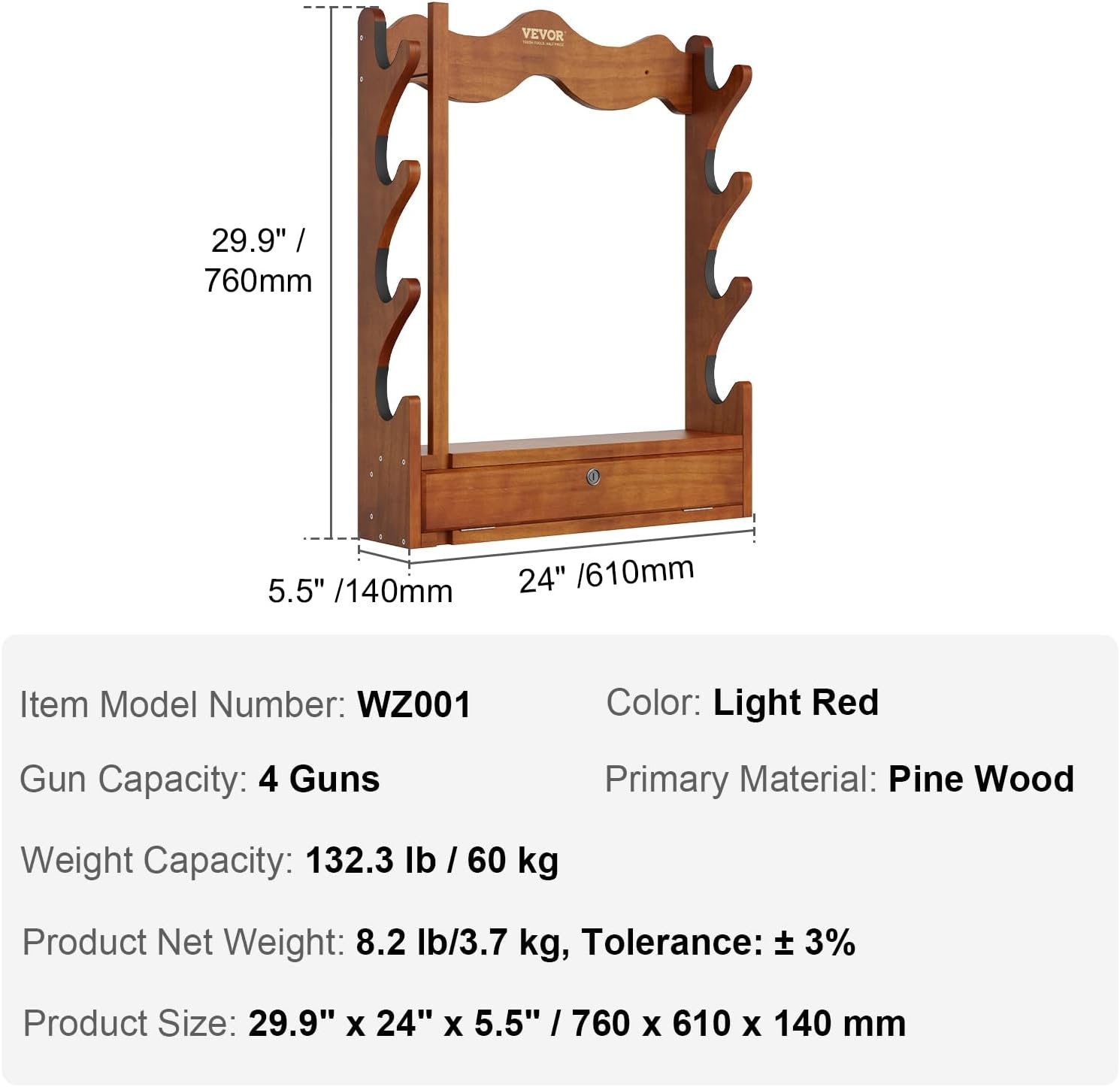 image:imageVEVOR Gun Rack Wood Gun Rack Wall Mount Gun Display Rack Holds 4 Rifles Shotguns 132 lb Heavy Duty Wall Storage Display Rifle Rack with Soft Padding