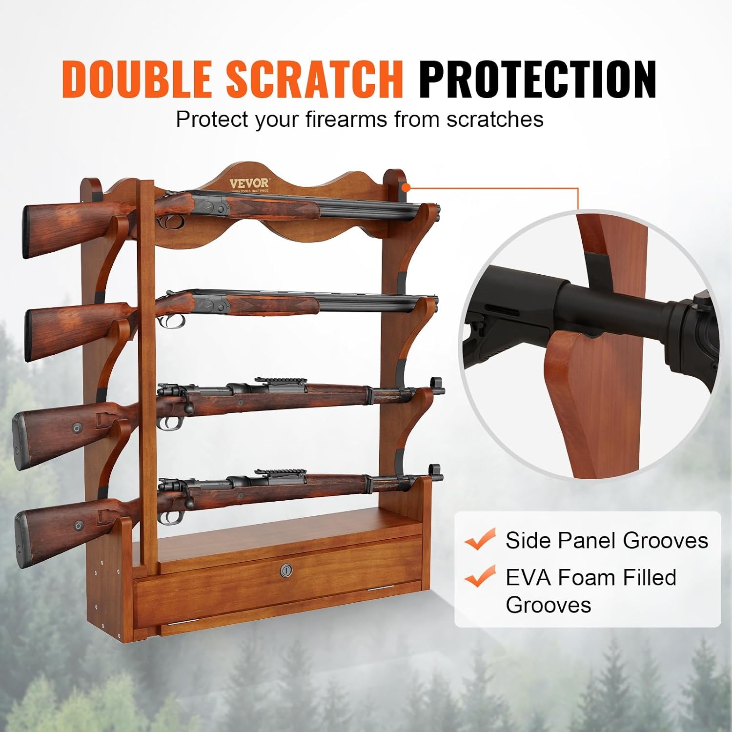 image:imageVEVOR Gun Rack Wood Gun Rack Wall Mount Gun Display Rack Holds 4 Rifles Shotguns 132 lb Heavy Duty Wall Storage Display Rifle Rack with Soft Padding
