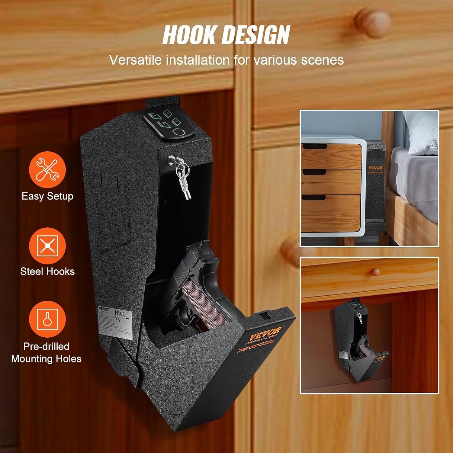 image:imageVEVOR Gun Safe for Pistols Biometric Gun Safe with Three Quick Access Ways of Fingerprints Passwords and Keys Handgun Safe for 1 Pistol for Home Bedside Nightstand WallBiometric Bounce to open