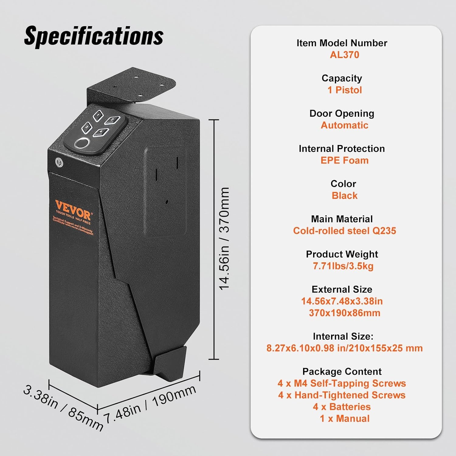image:imageVEVOR Gun Safe for Pistols Biometric Gun Safe with Three Quick Access Ways of Fingerprints Passwords and Keys Handgun Safe for 1 Pistol for Home Bedside Nightstand WallBiometric Bounce to open