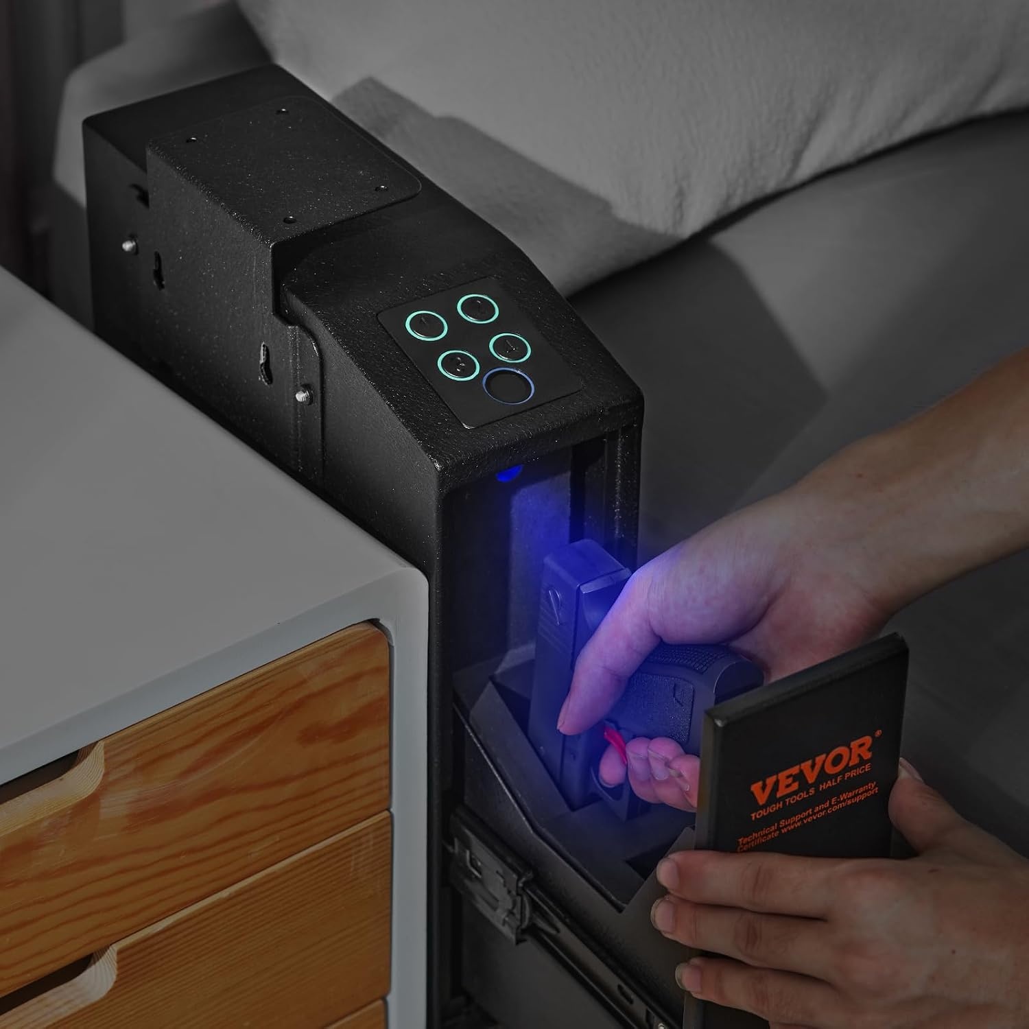 image:imageVEVOR Gun Safe for Pistols Biometric Gun Safe with Three Quick Access Ways of Fingerprints Passwords and Keys Handgun Safe for 1 Pistol for Home Bedside Nightstand WallBiometric Slip to open