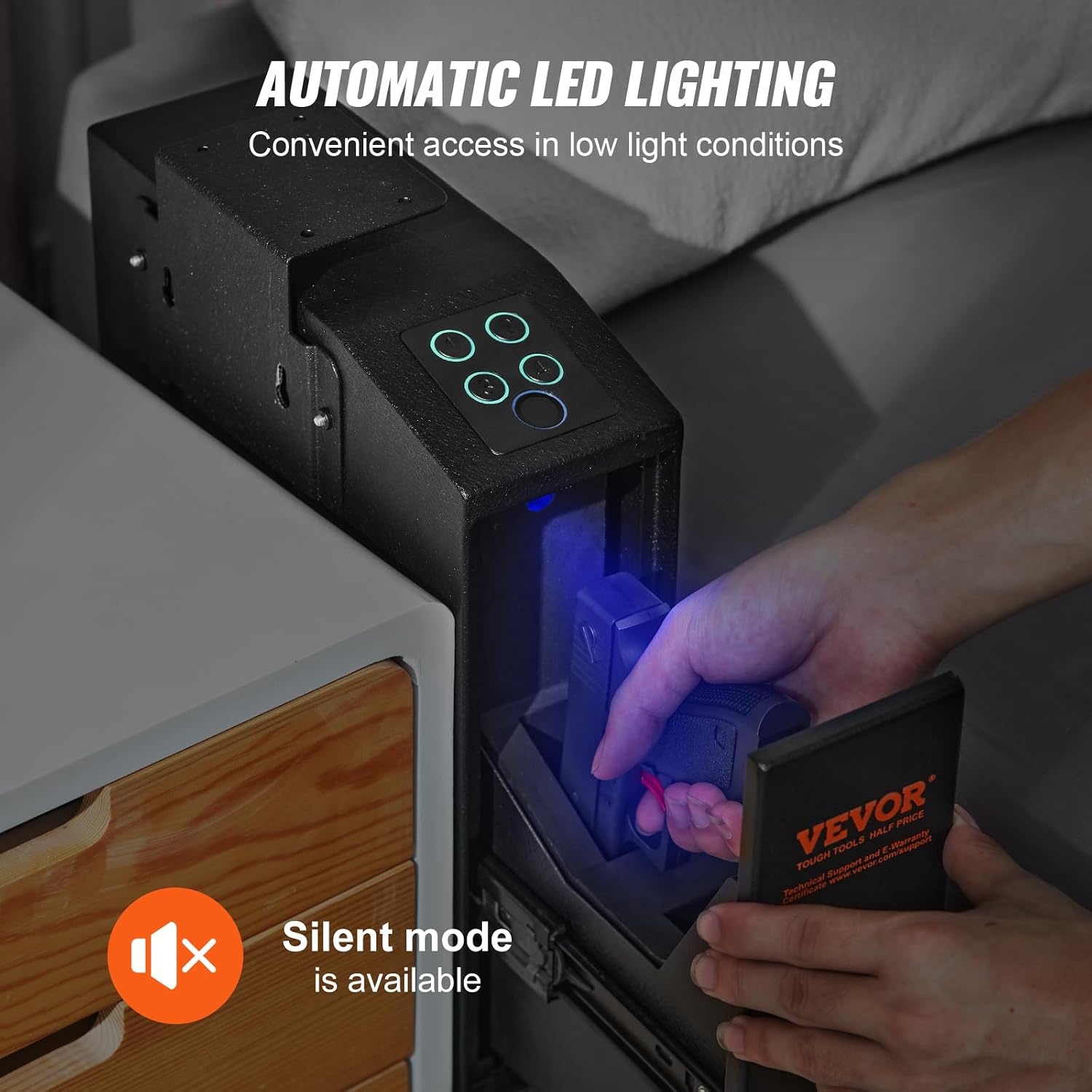 image:imageVEVOR Gun Safe for Pistols Biometric Gun Safe with Three Quick Access Ways of Fingerprints Passwords and Keys Handgun Safe for 1 Pistol for Home Bedside Nightstand WallBiometric Slip to open