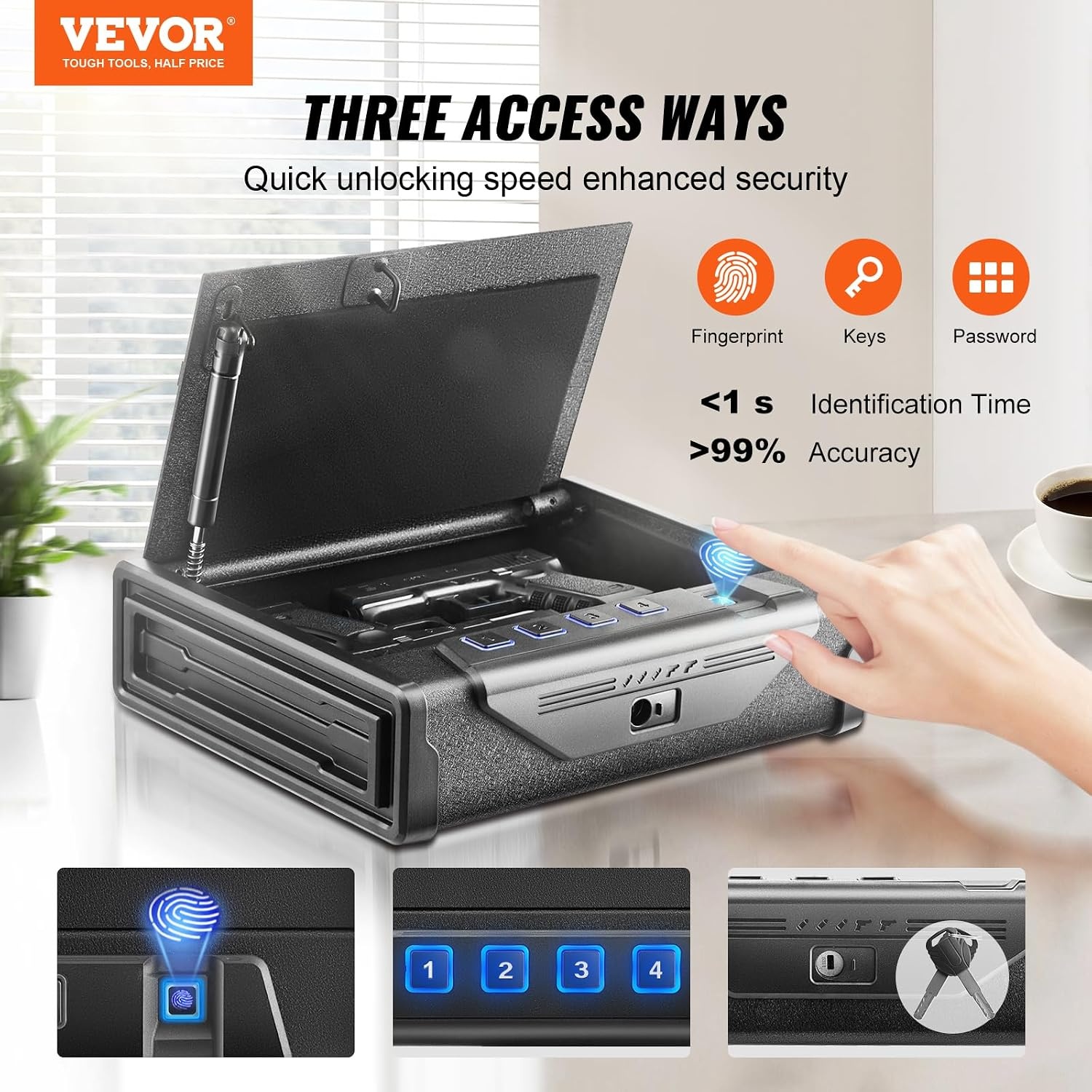 image:imageVEVOR Gun Safe for Pistols Biometric Gun Safe with Three Quick Access Ways of Fingerprints Passwords and Keys Handgun Safe for 1 Pistol for Home Bedside Nightstand WallBiometric Ordinary to open