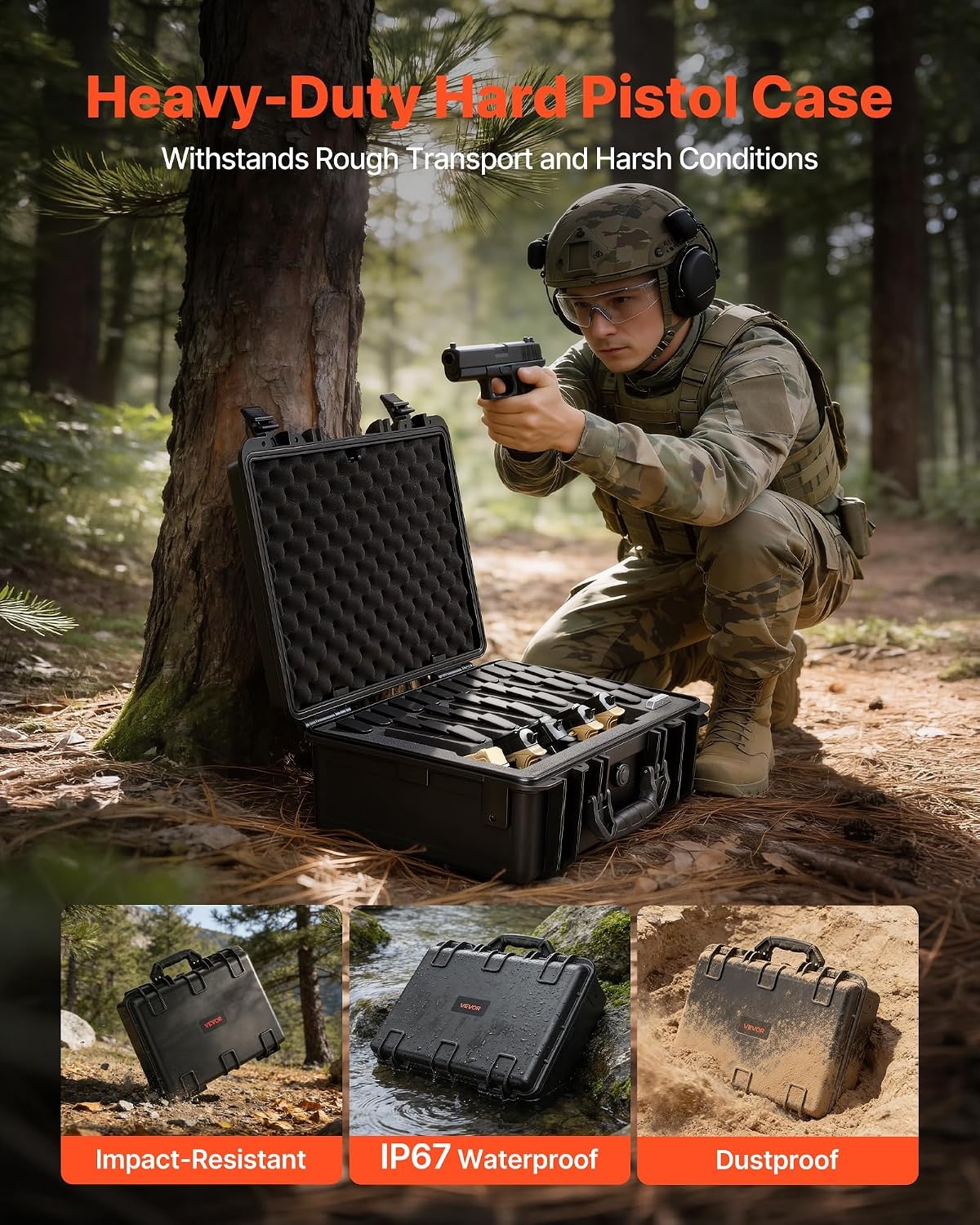 image:imageVEVOR Hard Pistol Case Holds Multiple Pistols amp Magazine Hard Gun Case with PreCut XPE Foam Lining Waterproof Firearm Travel Case with Handle for Gun Lenses Camera Gear TSA Compliant5 Pistols 31 Magazine