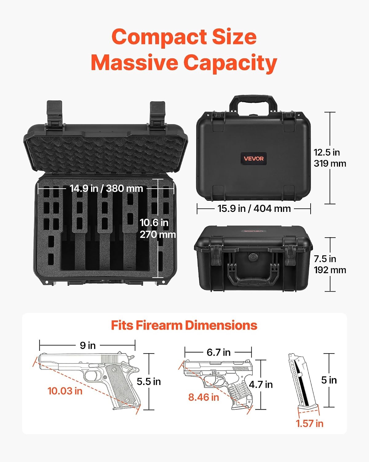 image:imageVEVOR Hard Pistol Case Holds Multiple Pistols amp Magazine Hard Gun Case with PreCut XPE Foam Lining Waterproof Firearm Travel Case with Handle for Gun Lenses Camera Gear TSA Compliant4 Pistols 23 Magazine