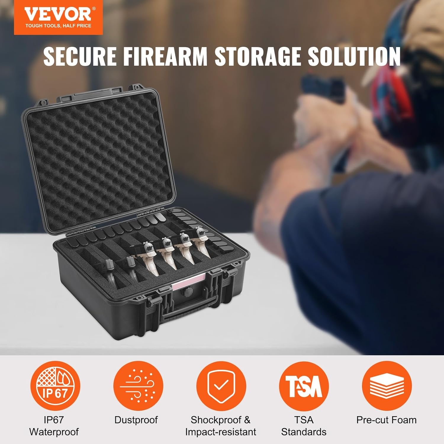 image:imageVEVOR Hard Pistol Case Holds Multiple Pistols amp Magazine Hard Gun Case with PreCut XPE Foam Lining Waterproof Firearm Travel Case with Handle for Gun Lenses Camera Gear TSA Compliant6 Pistols 21 Magazine